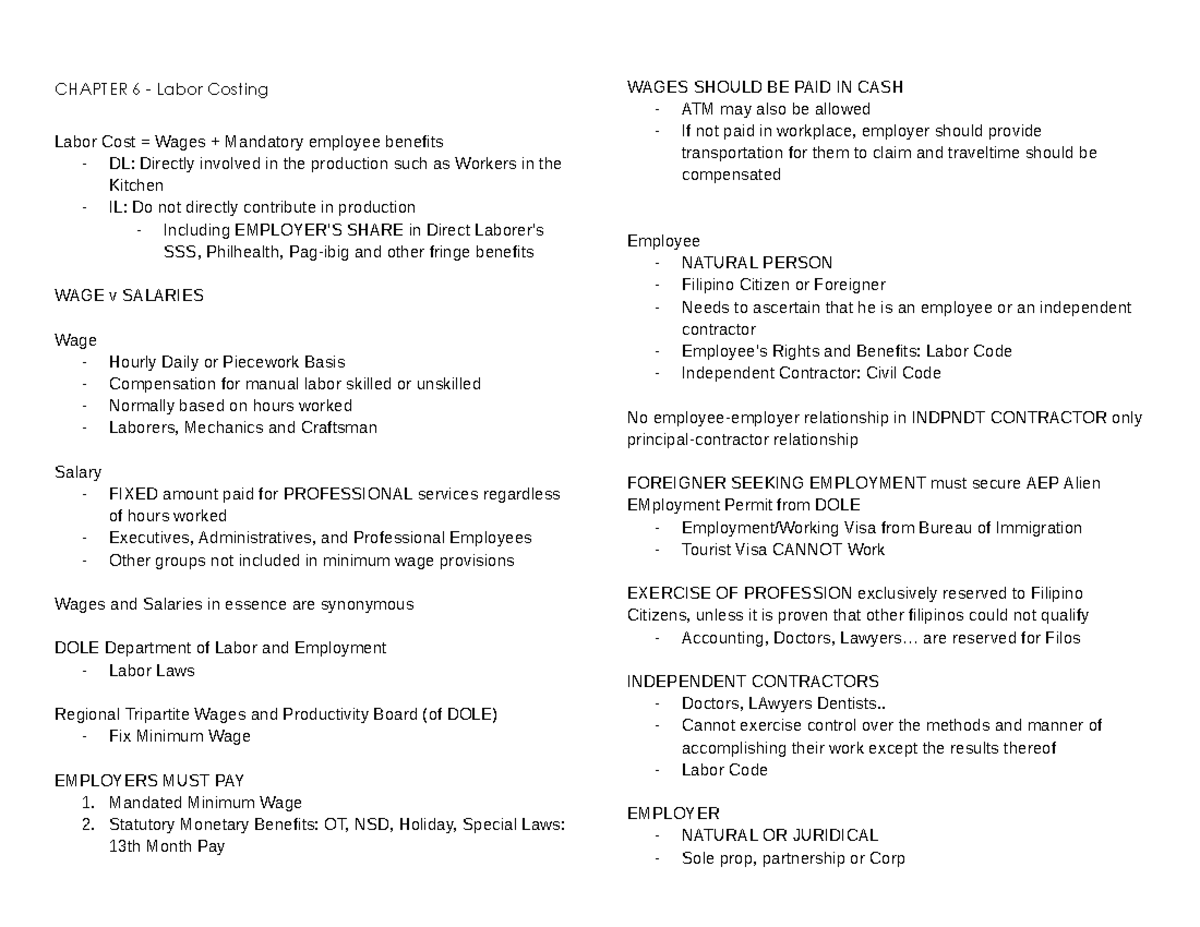 Payroll short notes - ...... - CHAPTER 6 - Labor Costing Labor Cost ...