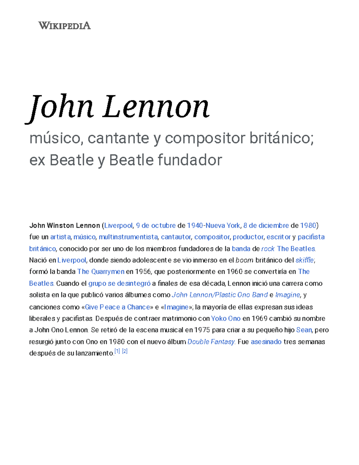 John Lennon - Wikipedia, La Enciclopedia Libre - John Lennon Músico ...