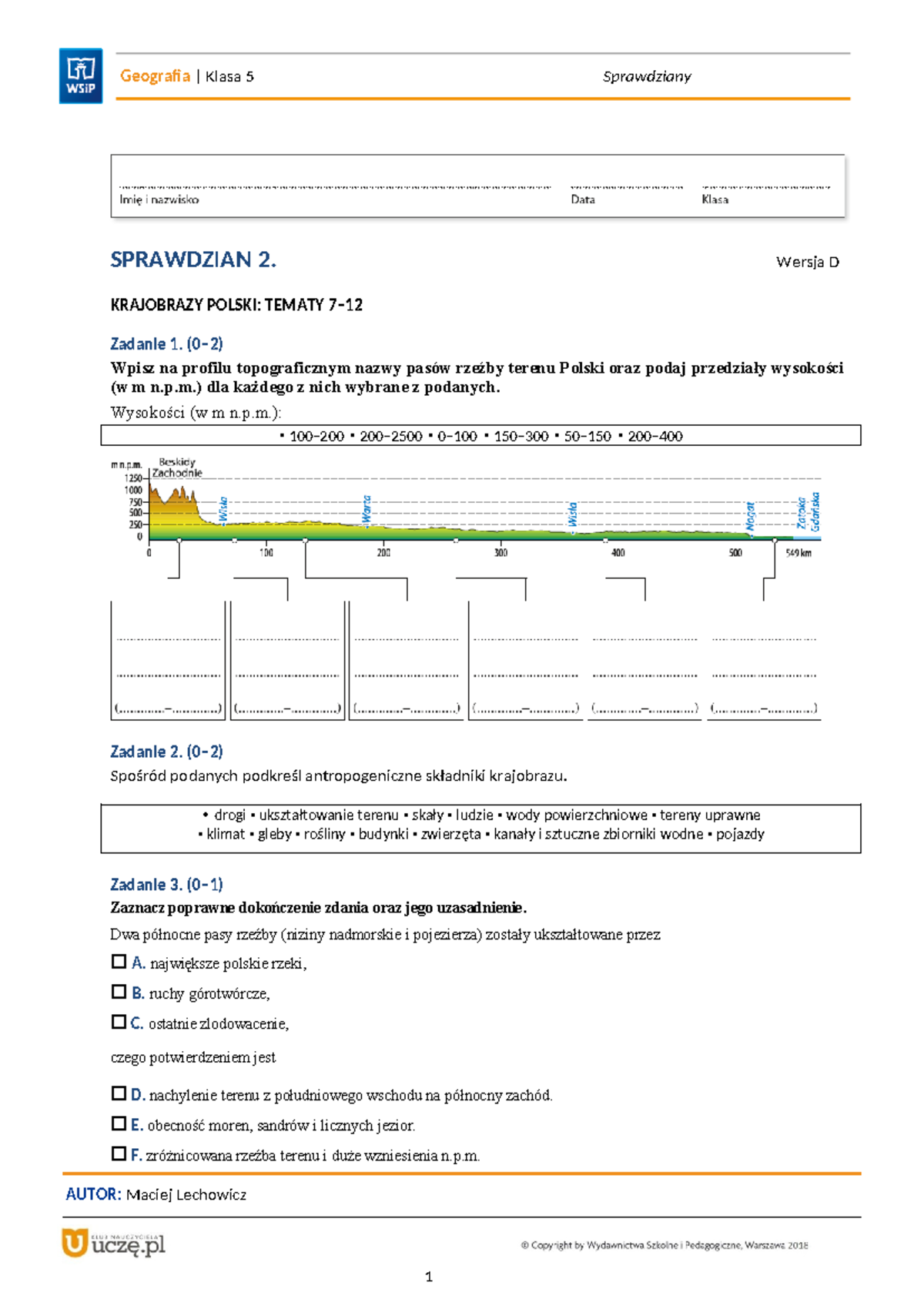 Geo SP Kl 5 Sprawdzian 2 D - Geografia | Klasa 5 Sprawdziany SPRAWDZIAN