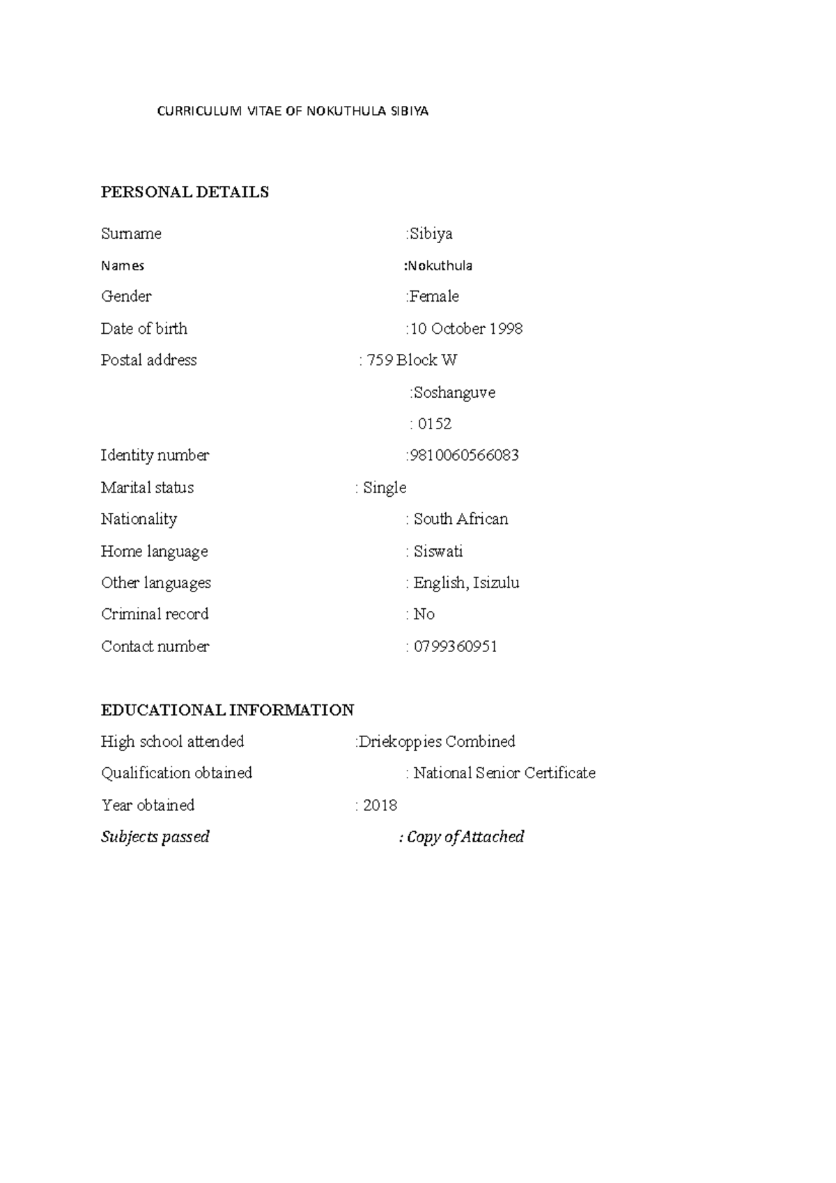 Curriculum vitae of nokuthula sibiya - CURRICULUM VITAE OF NOKUTHULA ...