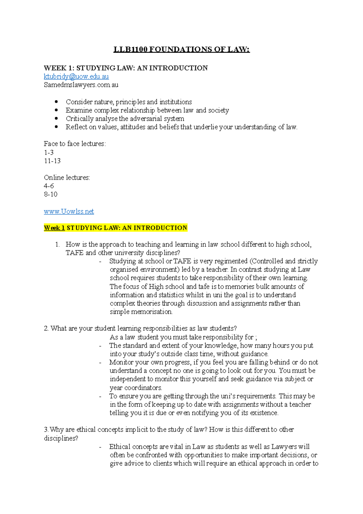 LLB1100 Foundations OF LAW - LLB1100 FOUNDATIONS OF LAW: WEEK 1 ...