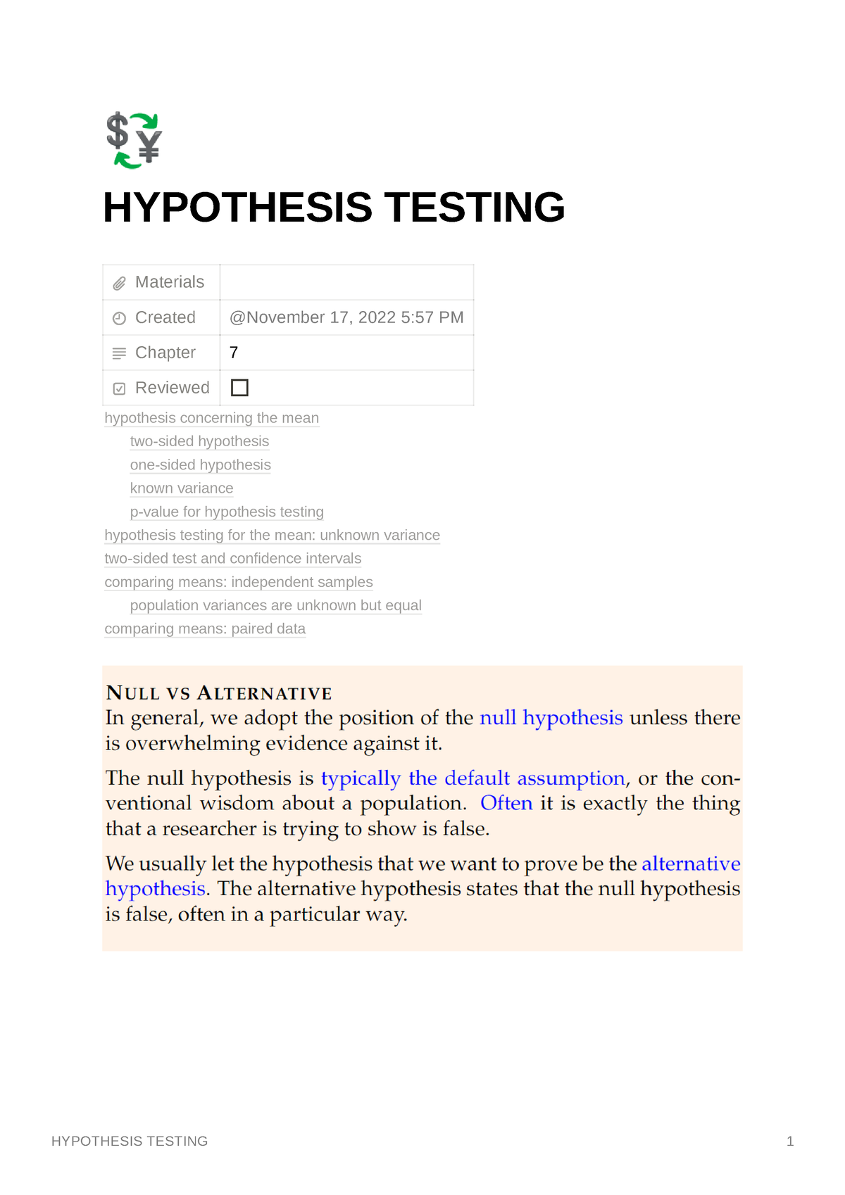 hypothesis testing short notes