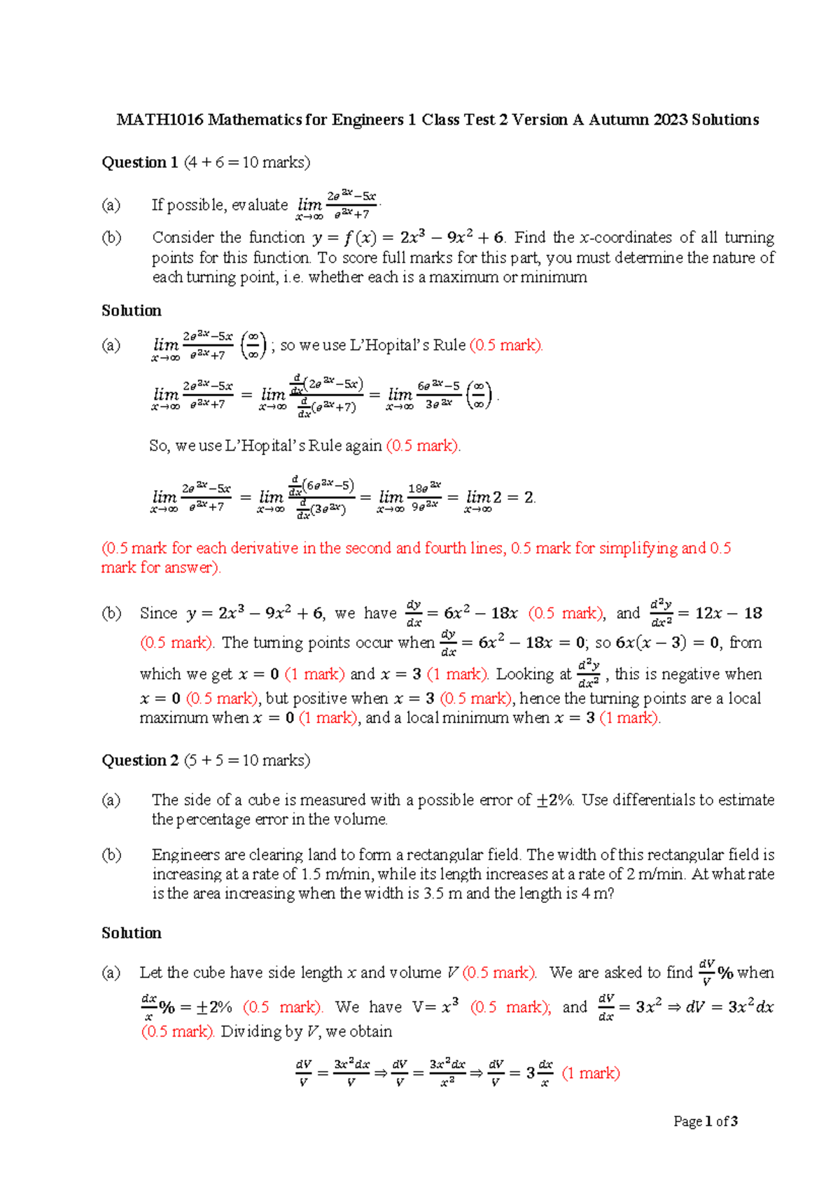 Math1016 autumn 23 class test 2a solutions page 1 of 3 math1016