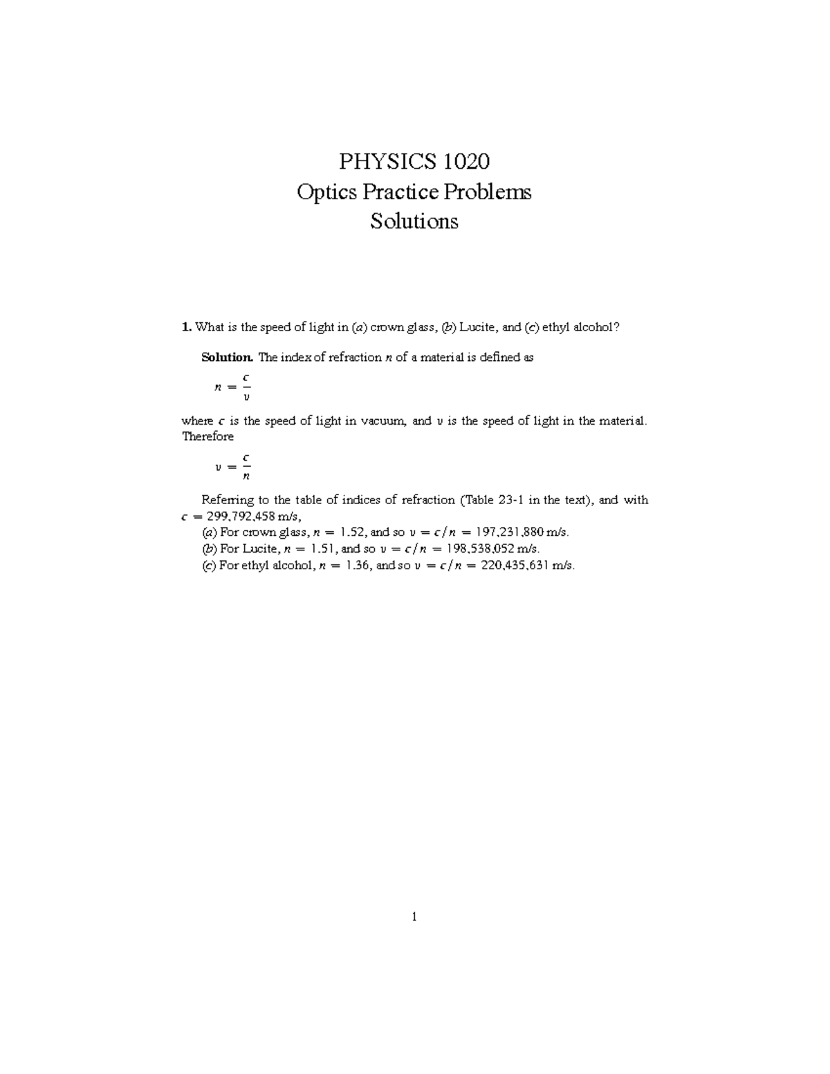 Final Problem 3 Notes PHYSICS 1020 Optics Practice Problems