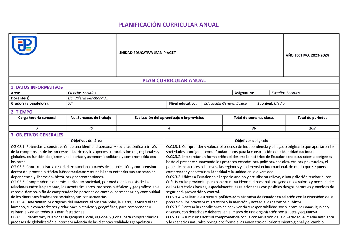 PCA Séptimo Sociales 20232024 PLANIFICACIÓN CURRICULAR ANUAL UNIDAD