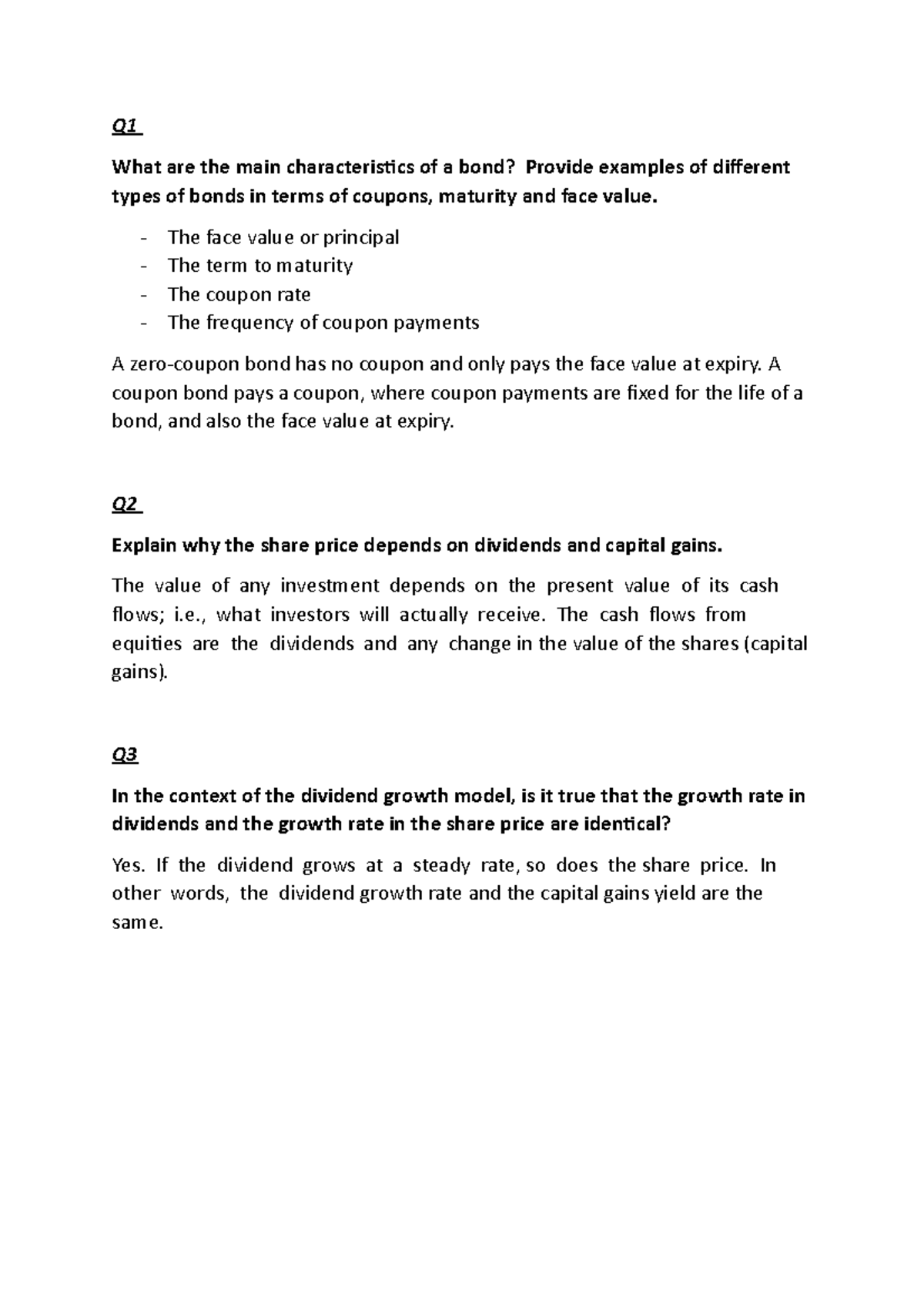 Topic 4 q and a - Q What are the main characteristics of a bond ...