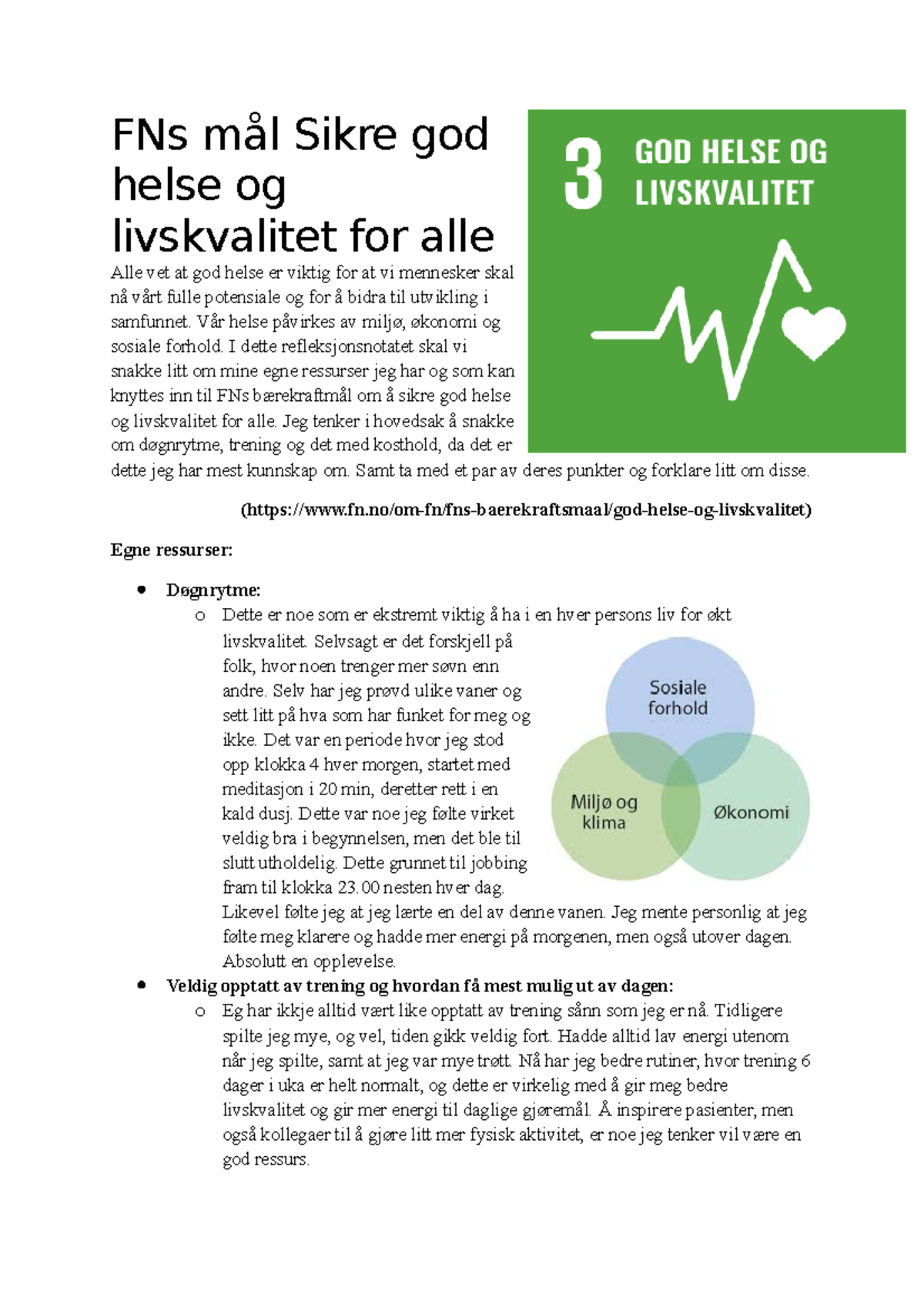 Refleksjonsnotat - FNs Mål Sikre God Helse Og Livskvalitet For Alle ...