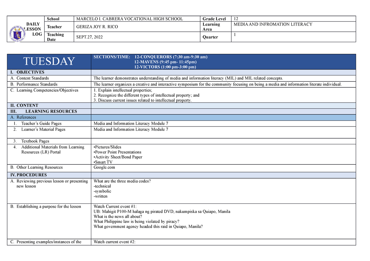 ~$L MIL Q5M7 8 - Lesson Plan - DAILY LESSON LOG School MARCELO I ...