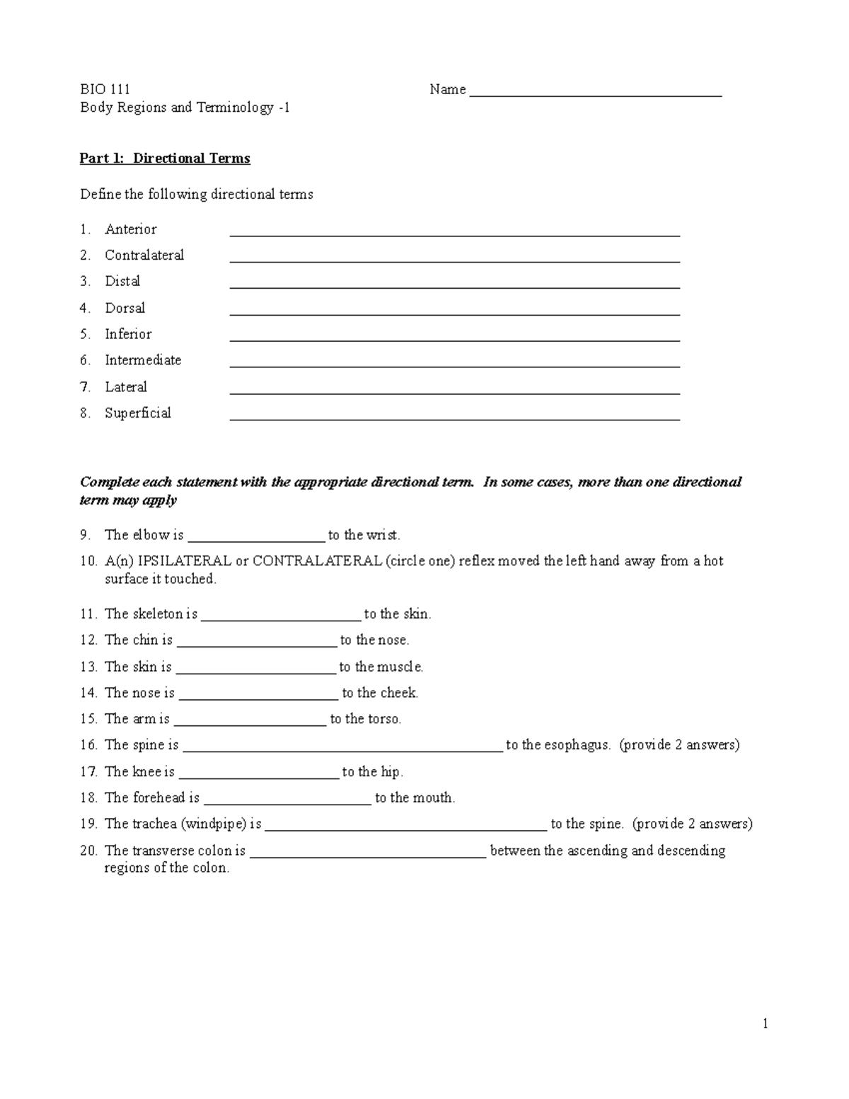 Unit 1 Body Regions classroom assignment BIO 111 Name