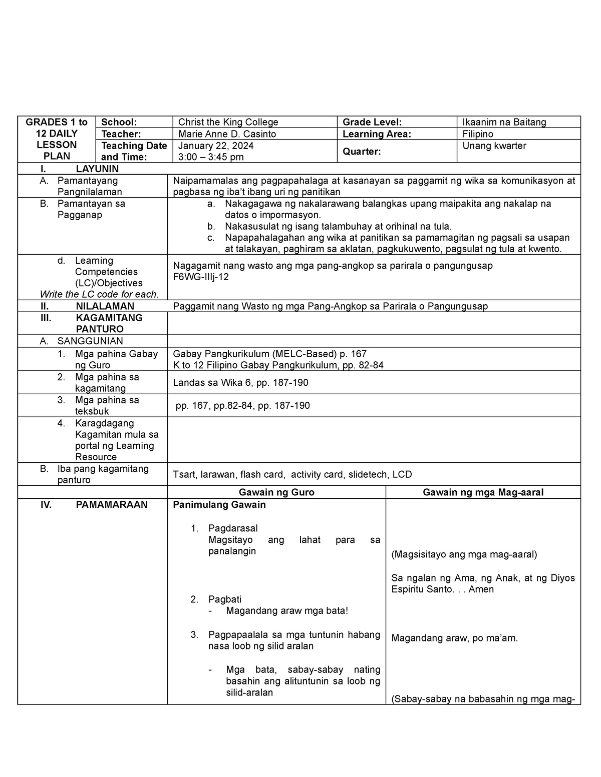 Pang Angkop Lesson Plan Grades 1 To 12 Daily Lesson Plan School