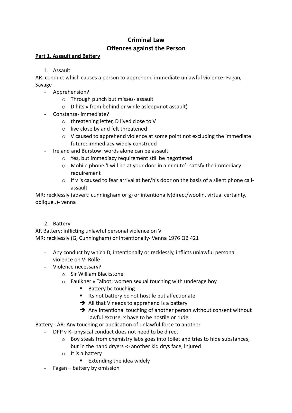 Offences Criminal Law Offences Against The Person Part 1 Assault And 