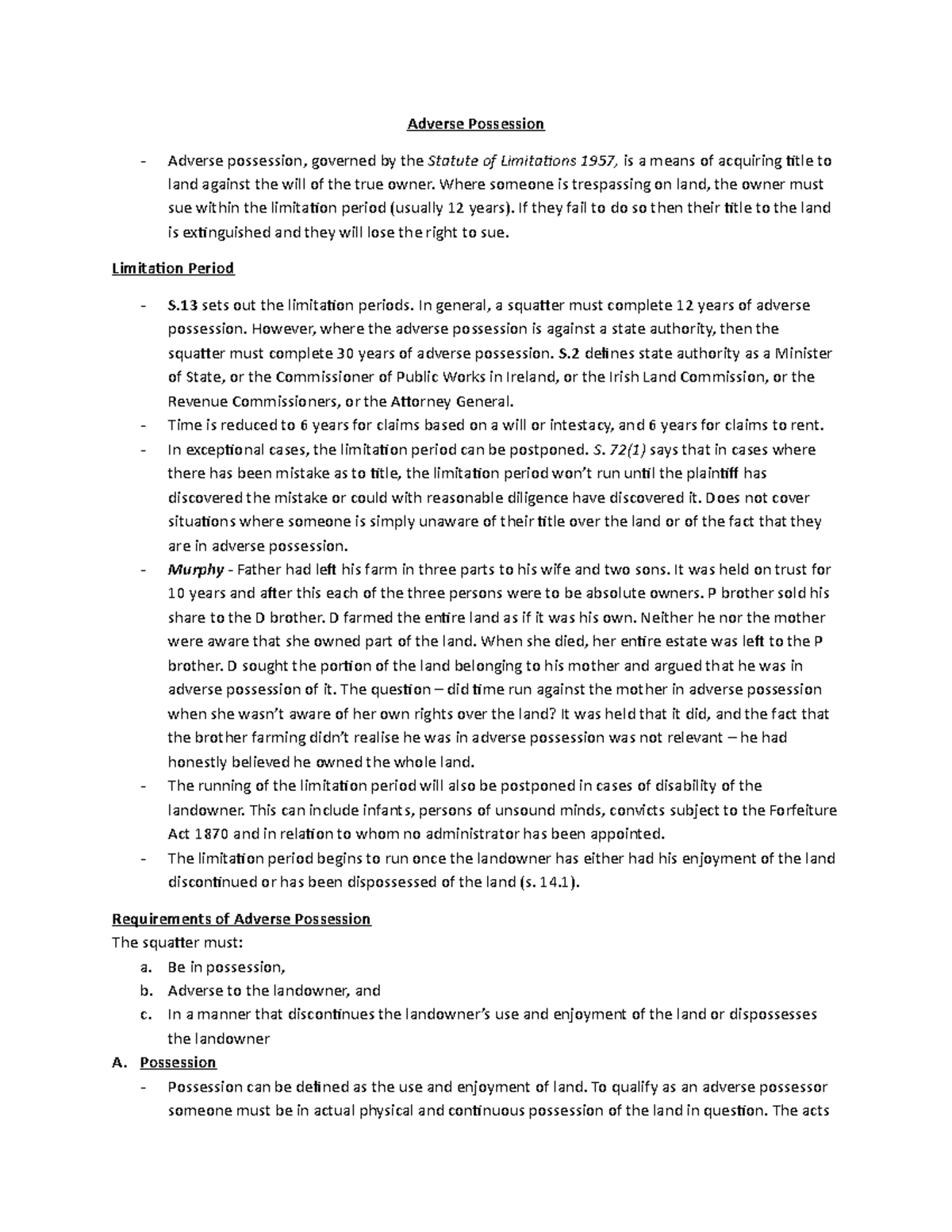 Adverse Possession concise notes Adverse Possession Adverse