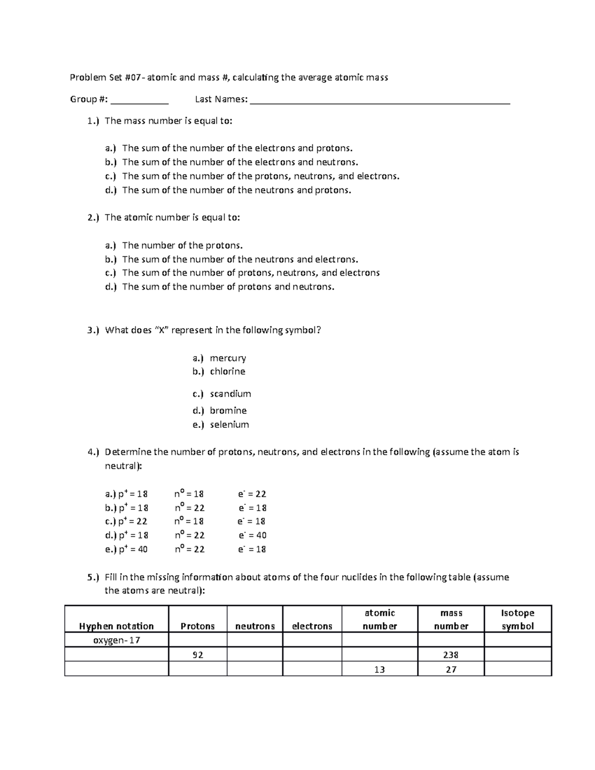 Chem Problem Set 7 - Problem Set #07- Atomic And Mass #, Calculating ...