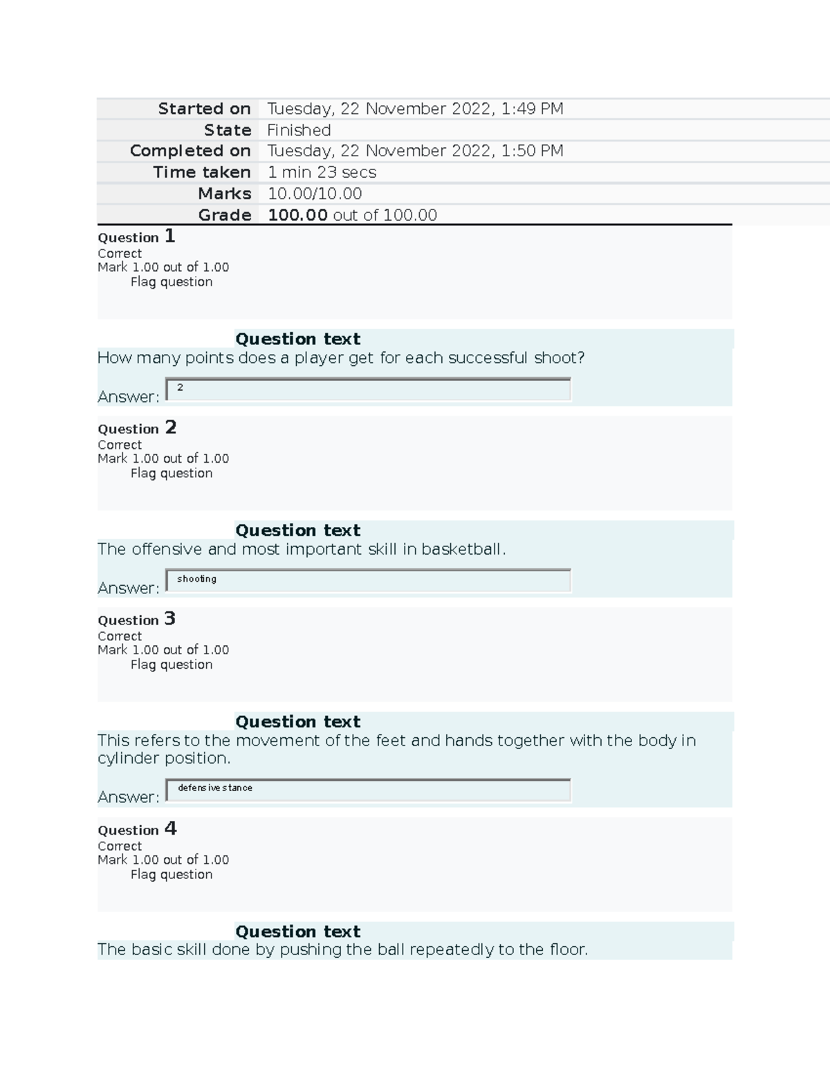 Team sports midterm quiz 1 Started on Tuesday, 22 November 2022, 149