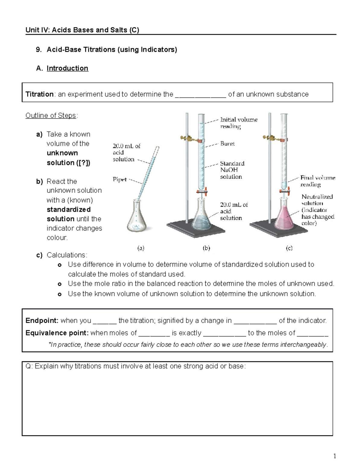Acids and Bases Notes C (Student) Unit IV Acids Bases and Salts (C) 9. AcidBase Titrations