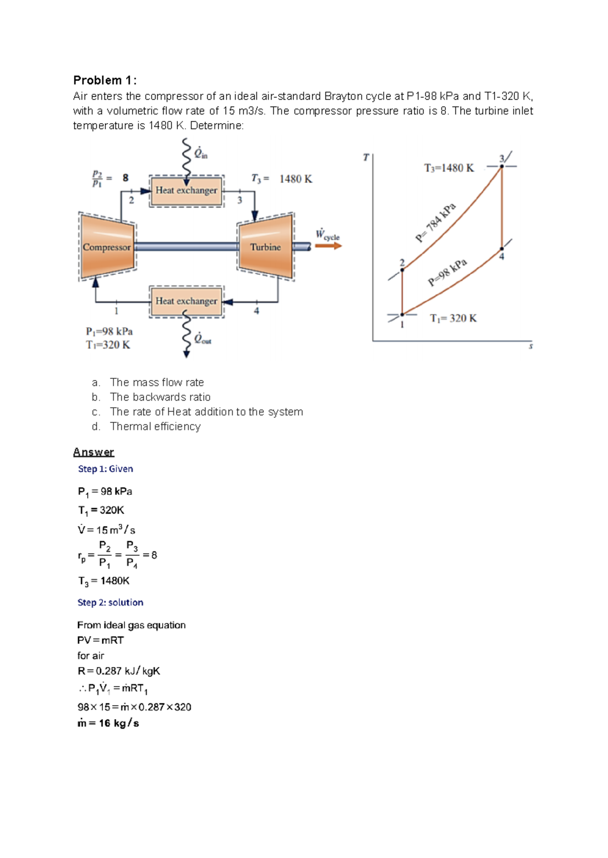 Thermo Exam Questions - Problem 1: Air enters the compressor of an ...