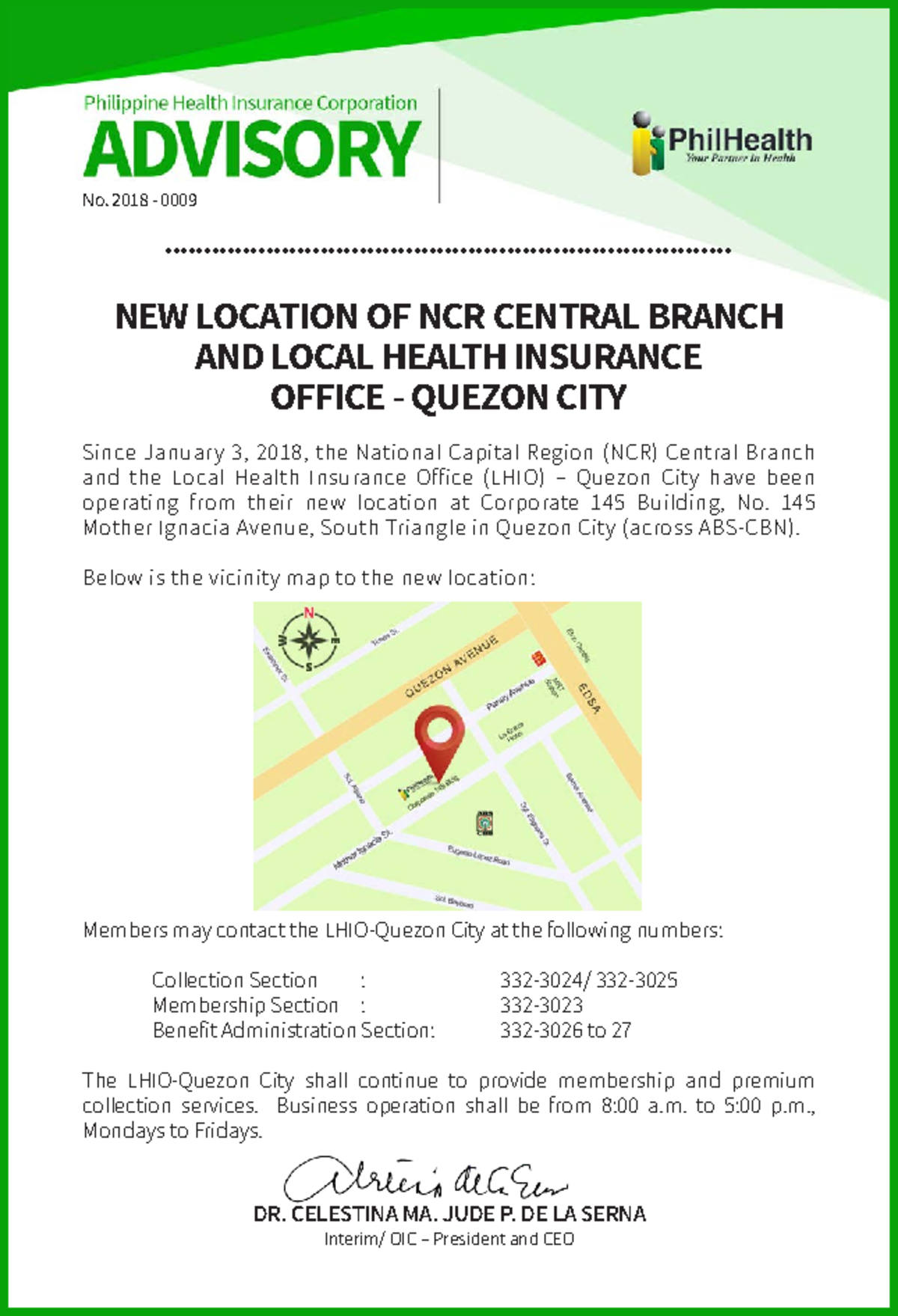 Adv2018-0009 - No. 2018 - 0009 NEW LOCATION OF NCR CENTRAL BRANCH AND ...