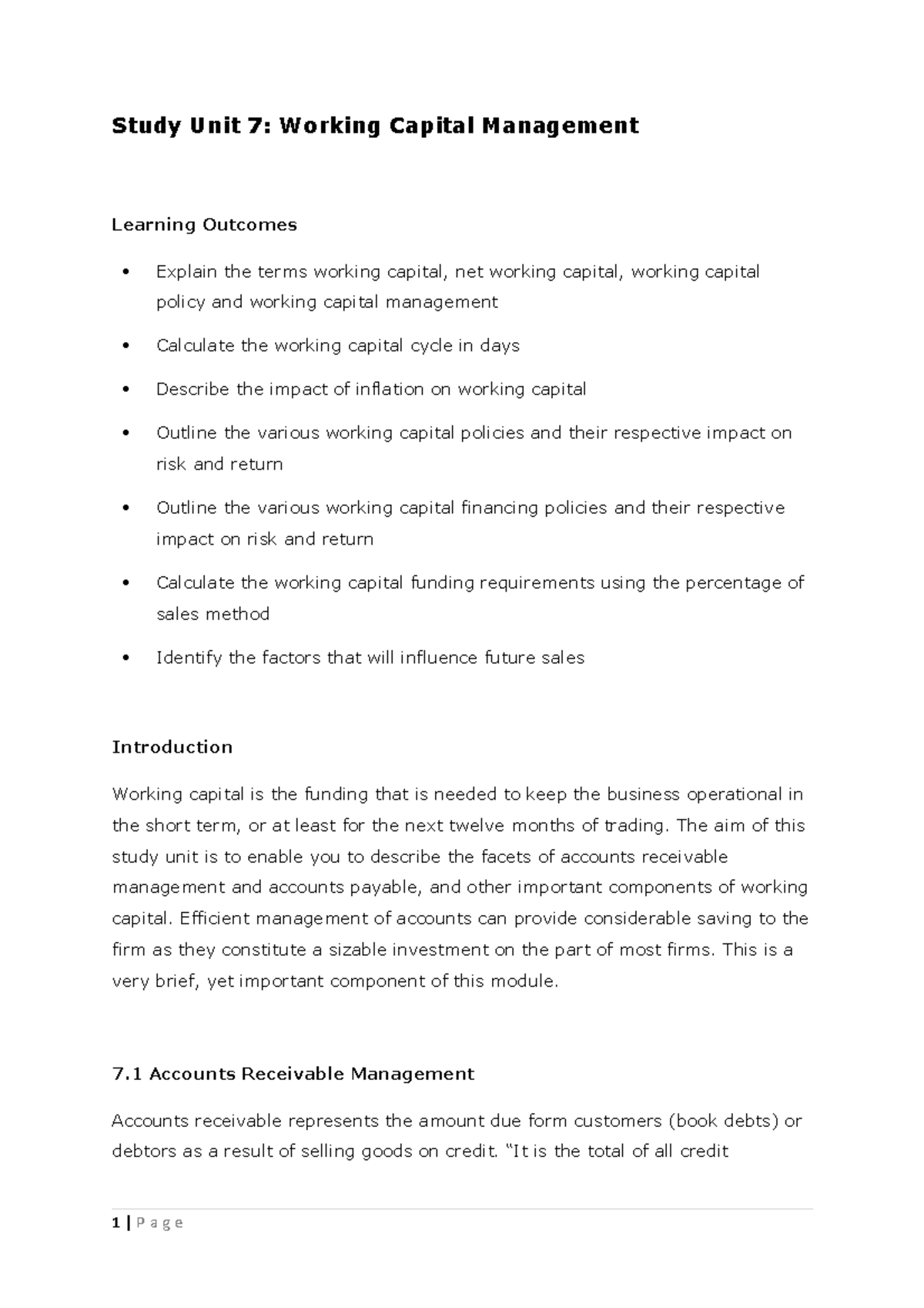 FIN MAN DEG Workbook 2 and Solutions - Study Unit 7: Working Capital ...