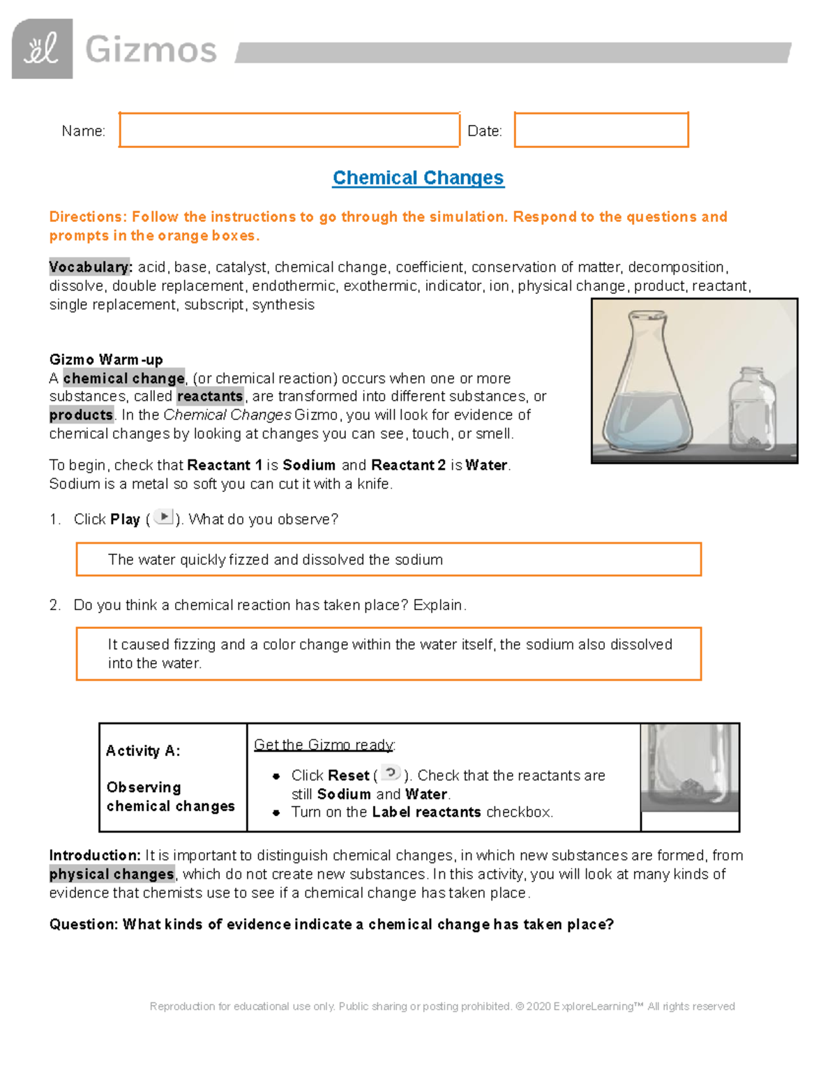 Chemical Changes Gizmo - Name: Date: Chemical Changes Directions ...