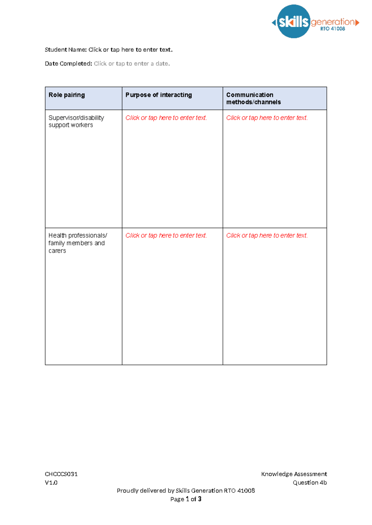 Chcccs 031 Knowledge Assessment Question 4b Table - Student Name: Click ...