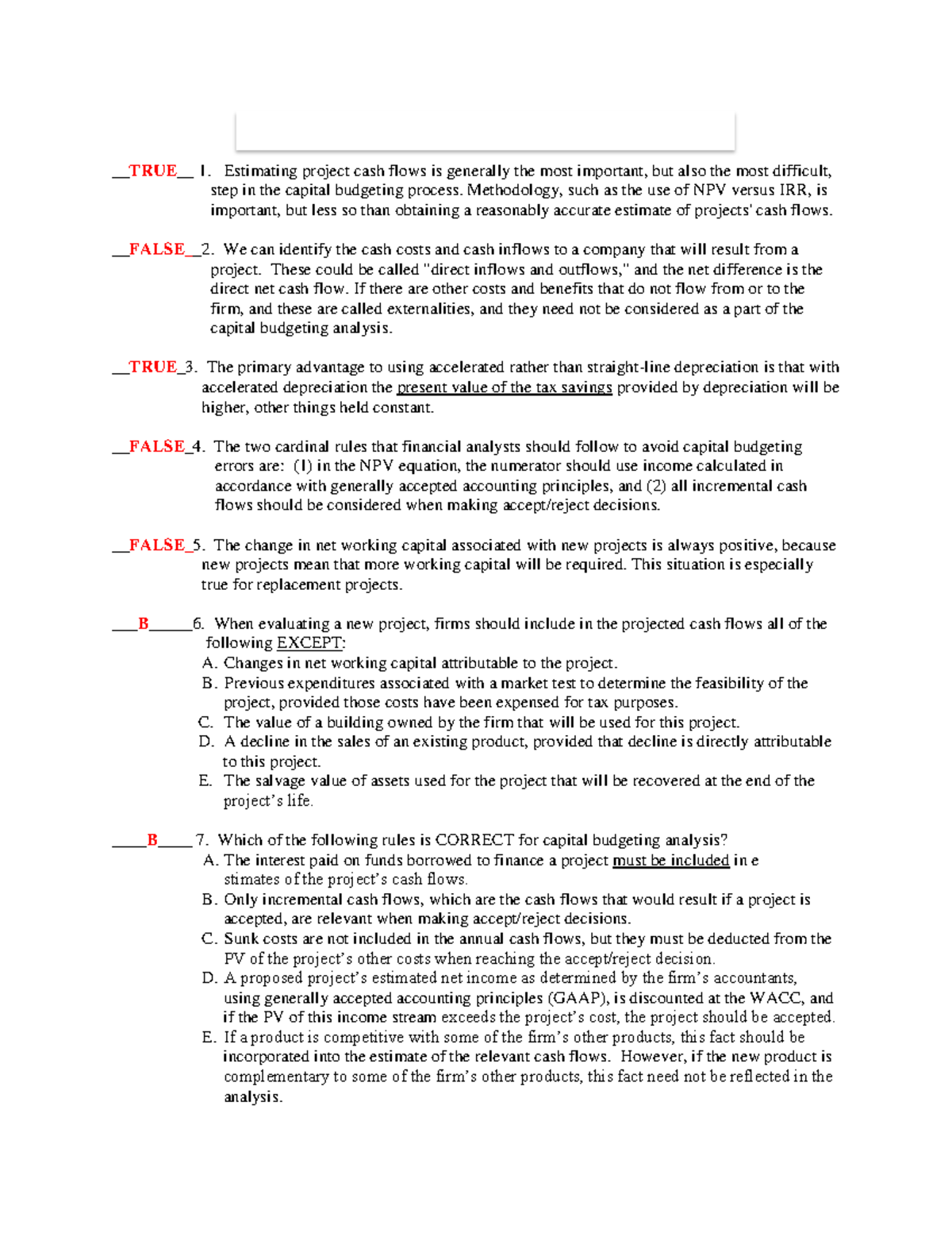 Cash Flow Estimation (with answers) - Pre-Quiz - FIN 103 PRE-QUIZ: CASH FLOW ESTIMATION & RISK ...