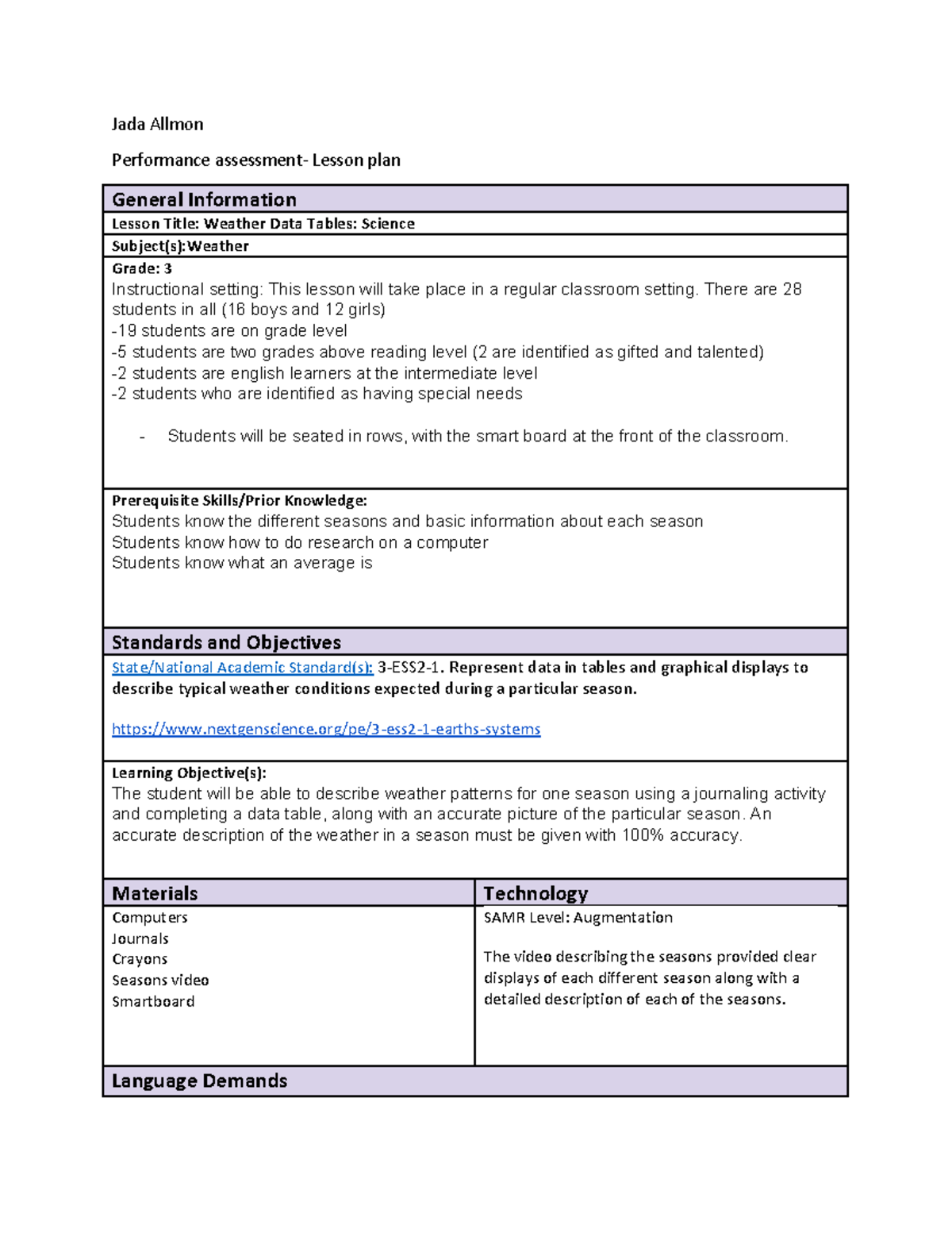 Lesson plan Jada Allmon-2 revised lesson plan science methods - Jada ...