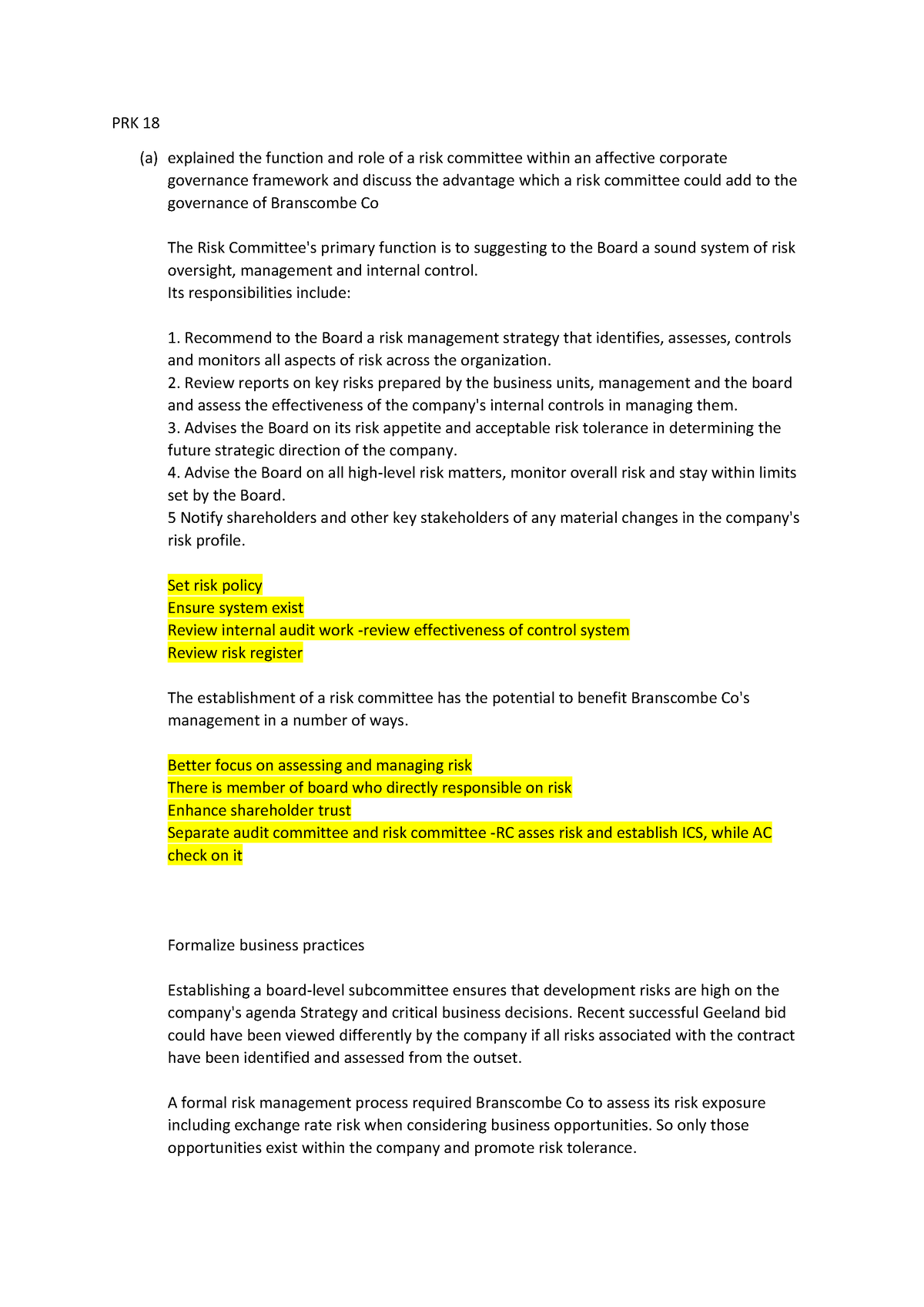 PRK 18 - BPP - PRK 18 (a) Explained The Function And Role Of A Risk ...