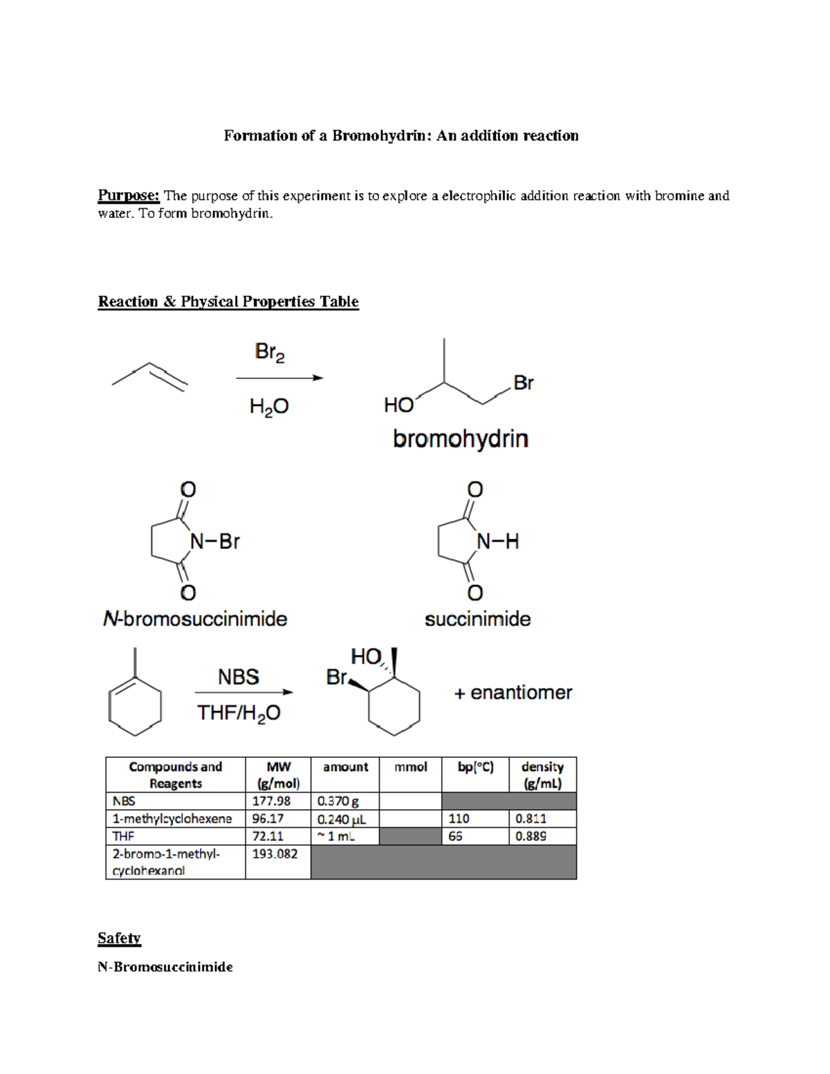 Ochem Experiment 11 - Formation Of A Bromohydrin: An Addition Reaction ...