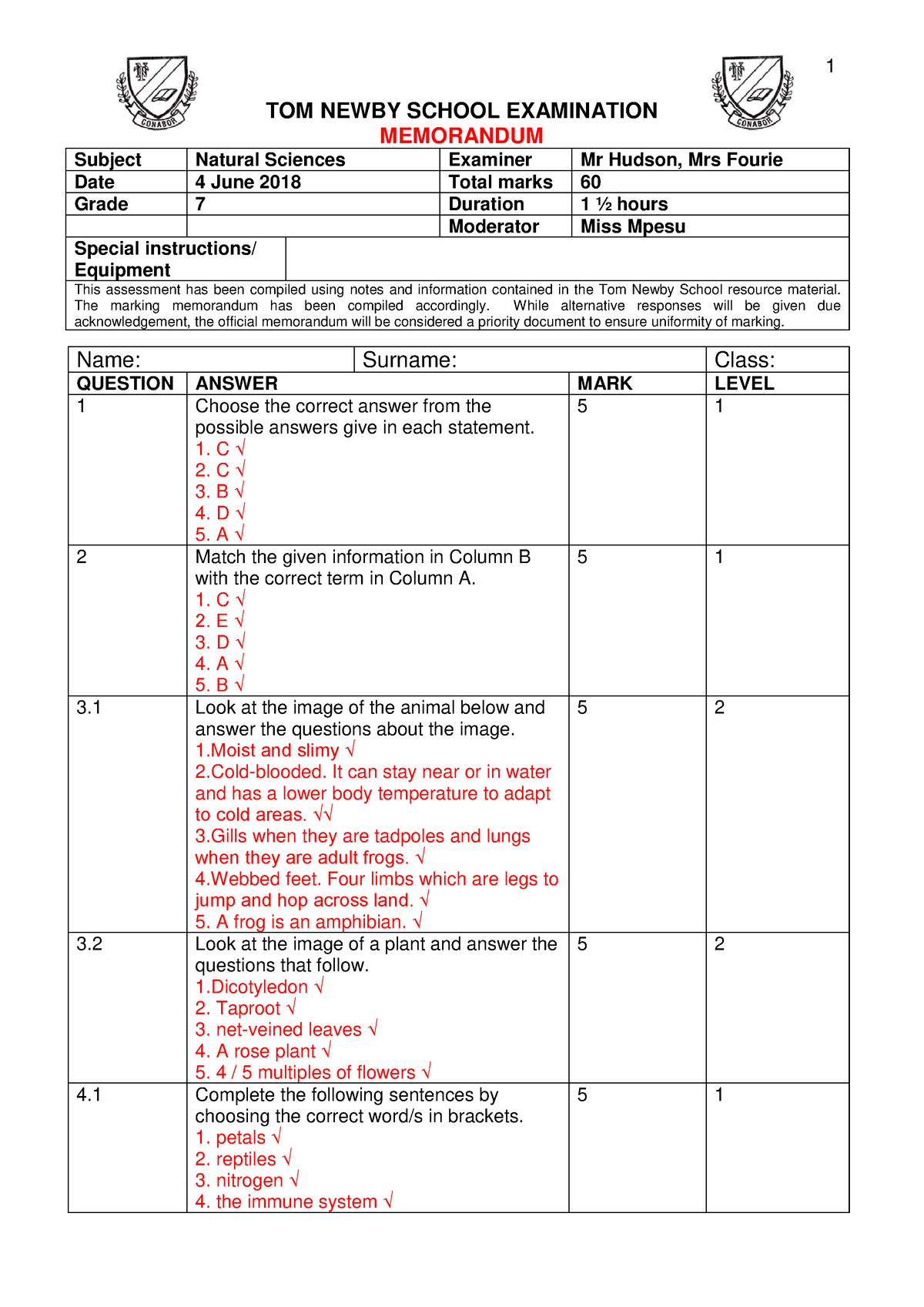 Grade 7 NS Memorandum June 2018 - 1 TOM NEWBY SCHOOL EXAMINATION ...