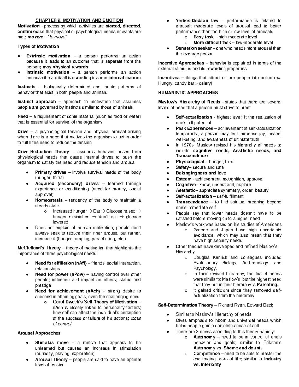 Intro to Psychology Chap9-10 - CHAPTER 9: MOTIVATION AND EMOTION ...