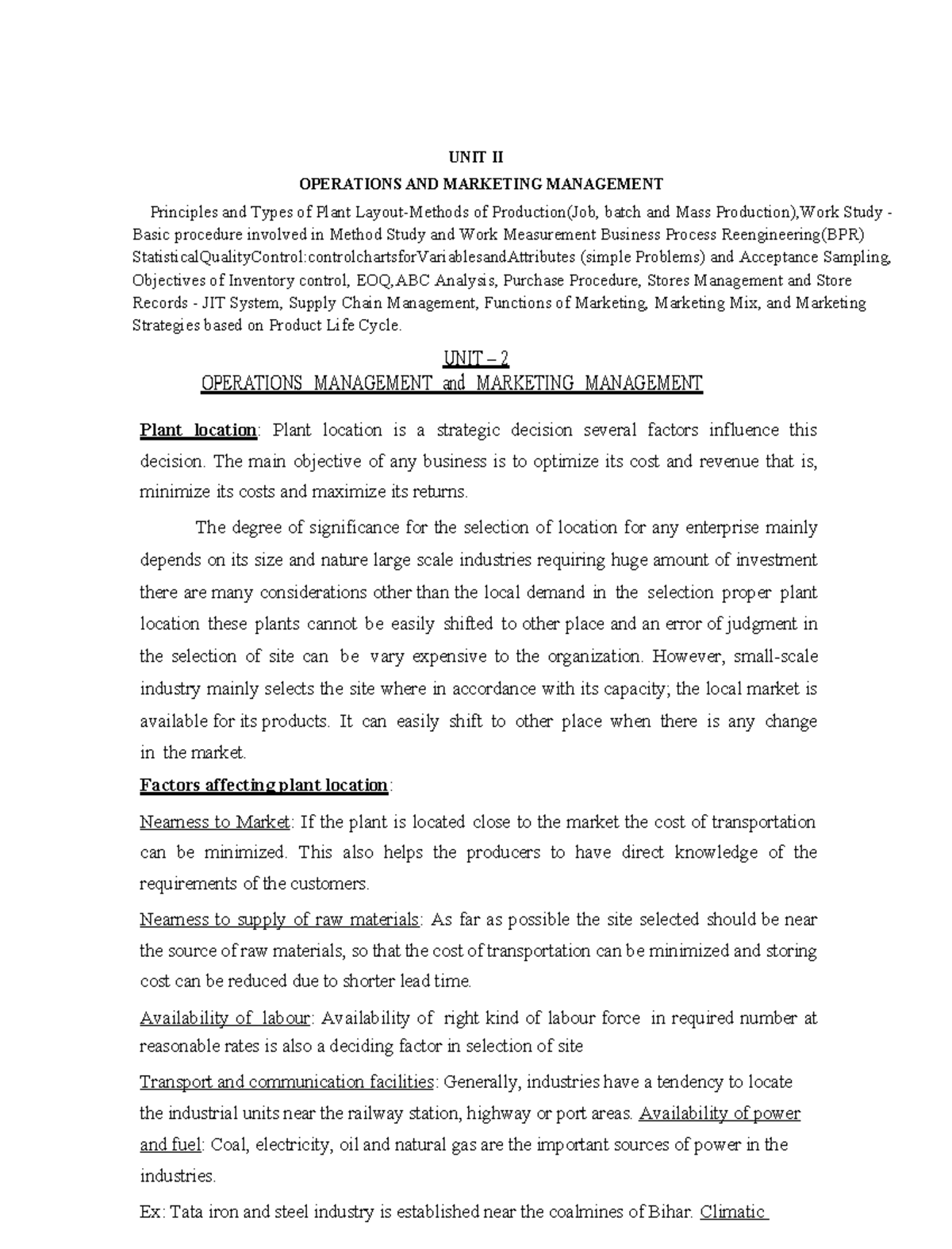 MS-UNIT-2 - notes - UNIT II OPERATIONS AND MARKETING MANAGEMENT ...