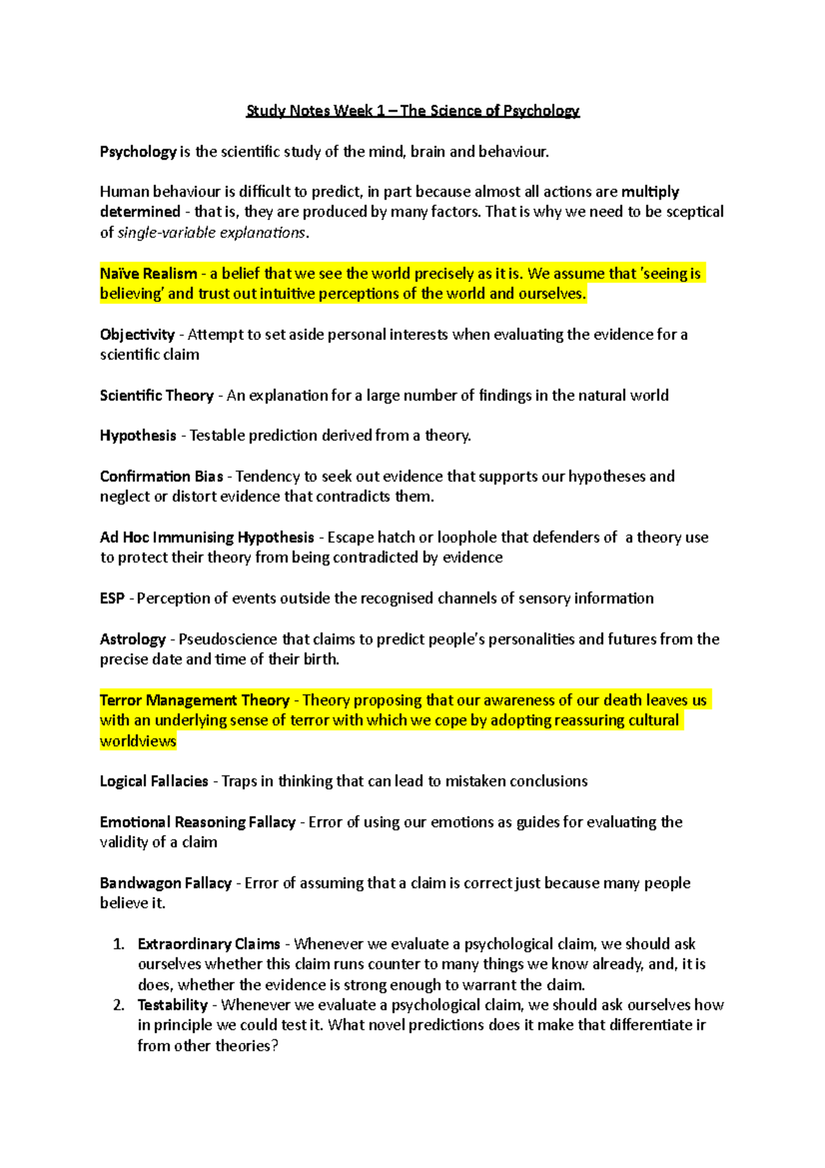 1. Science of Psychology - Study Notes Week 1 – The Science of ...