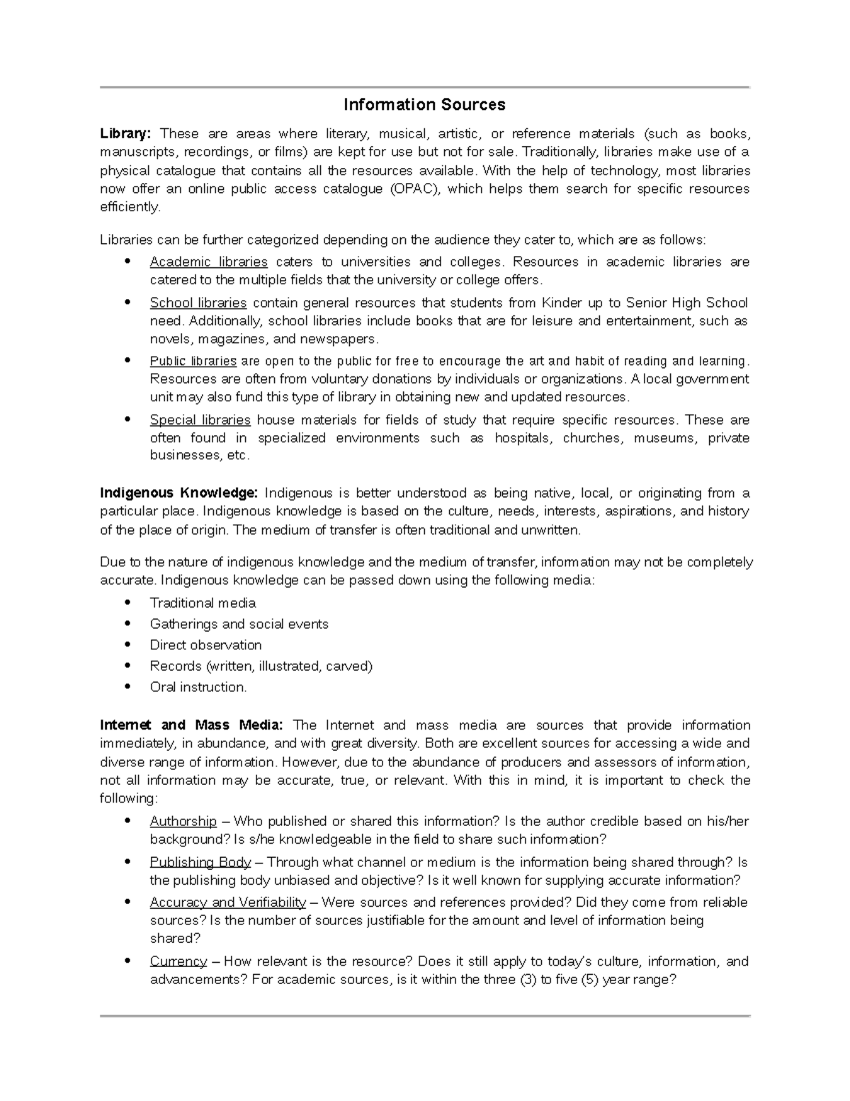 Information Sources - Information Sources Library: These are areas ...