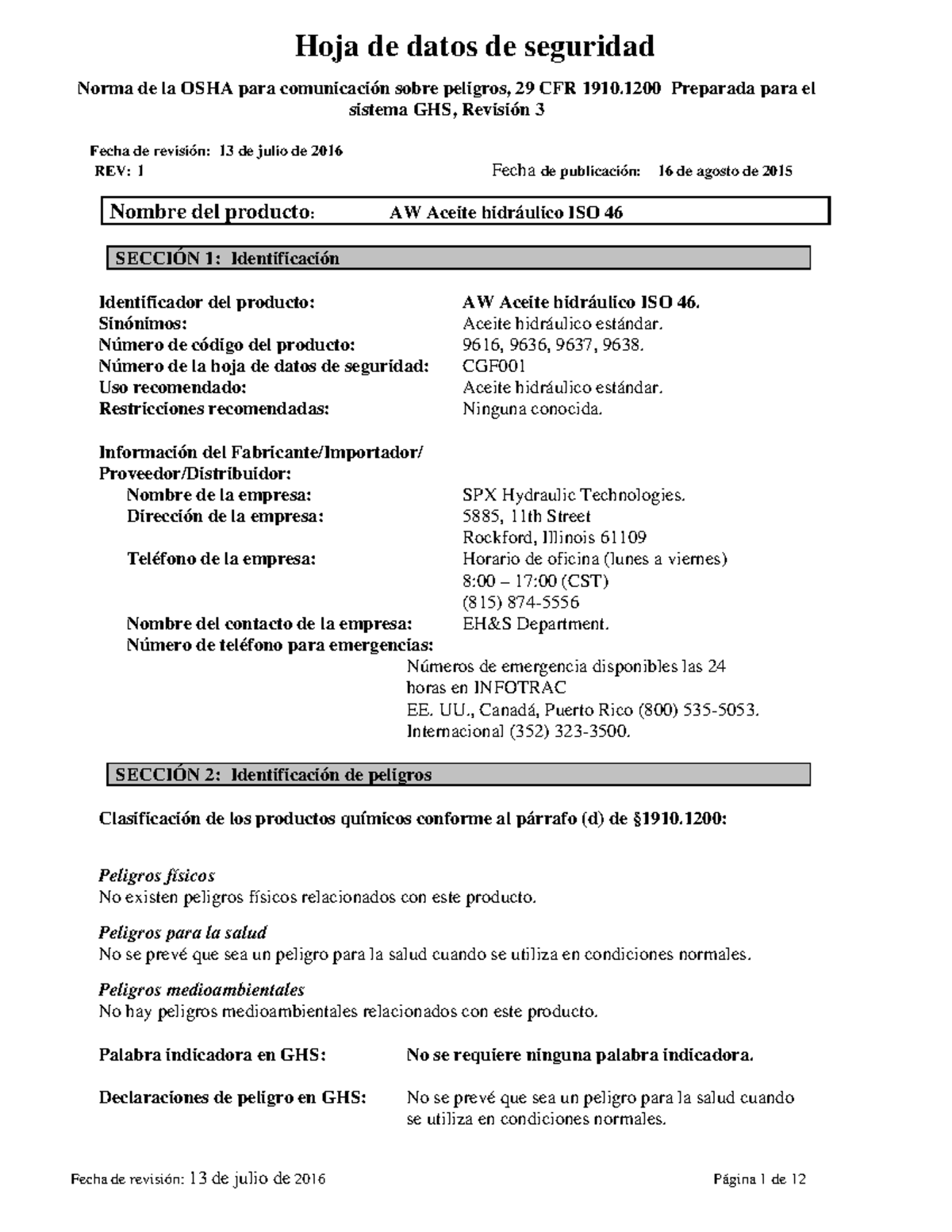 Hoja De Seguridad Aceite Hidraulico - Hoja De Datos De Seguridad Norma ...