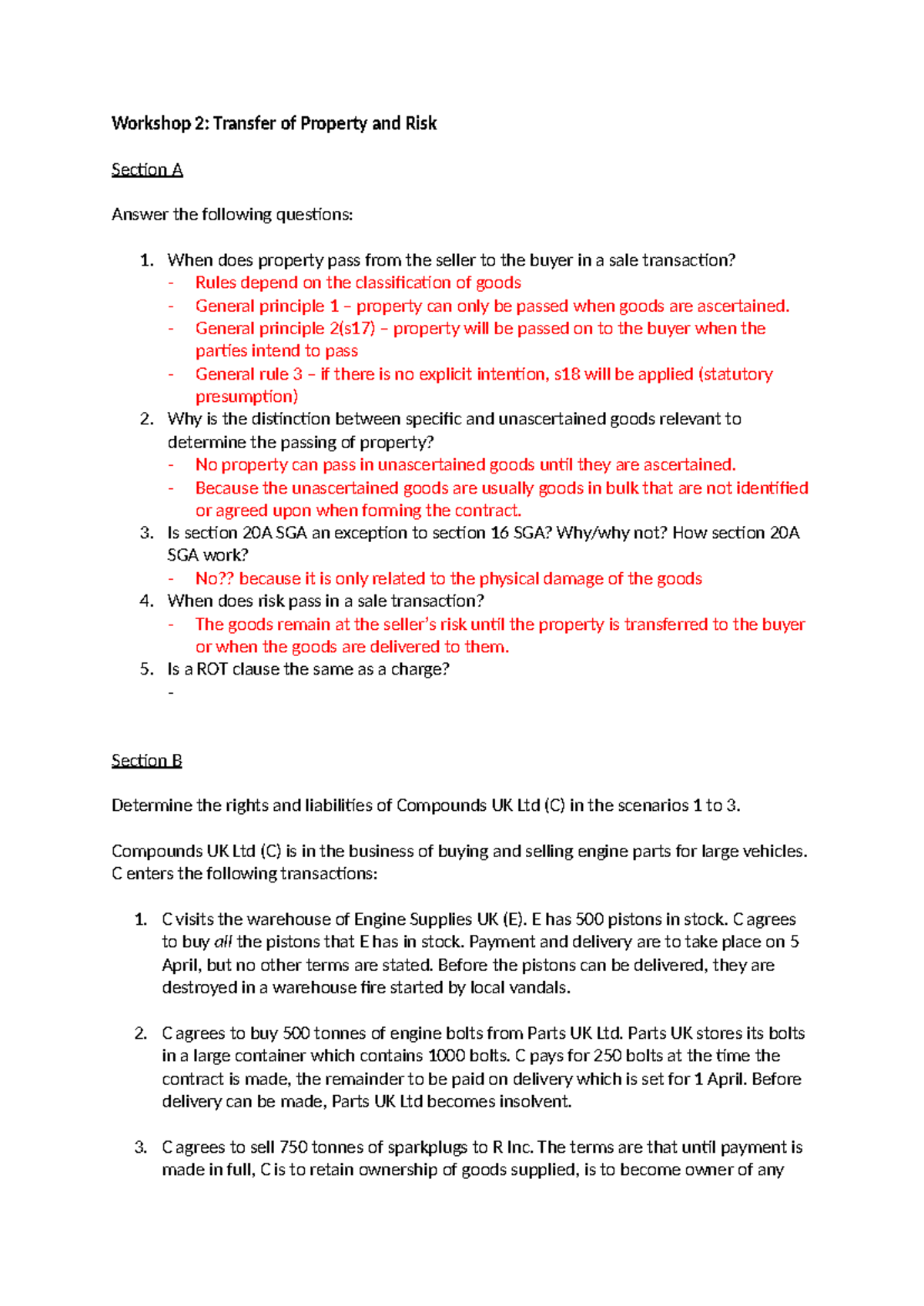 Commercial seminar 2 - Workshop 2: Transfer of Property and Risk ...