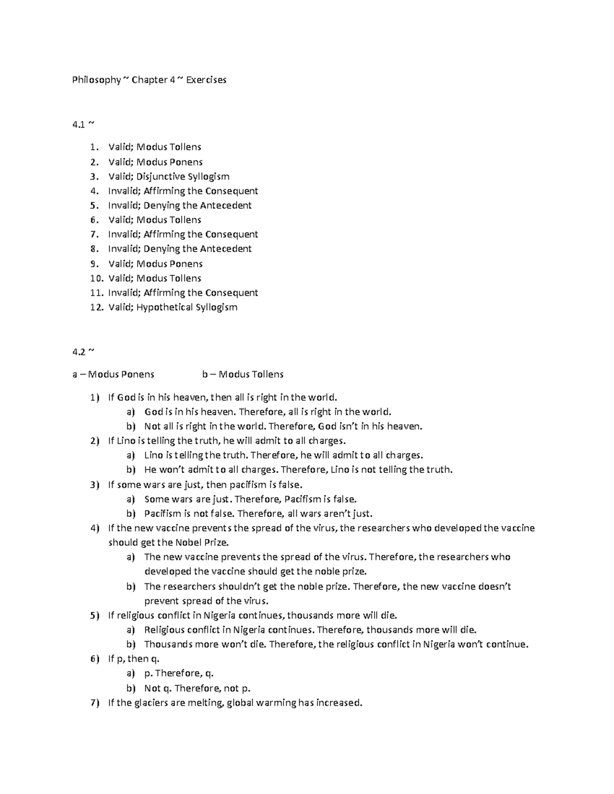 Philosophy Chapter 4 Exercises for Concise Guide to Critical Thinking ...