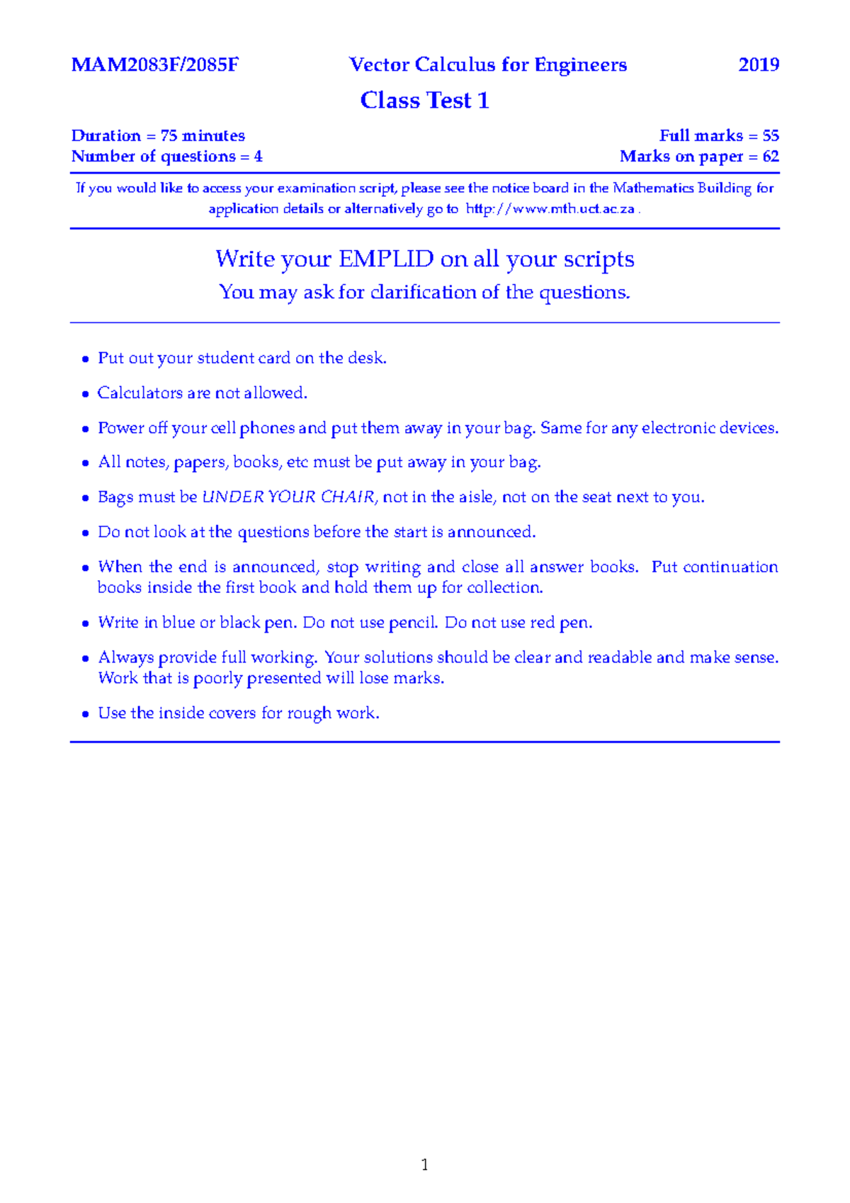 2019 CT1 Question Sheet - MAM2083F/2085F Vector Calculus for Engineers ...