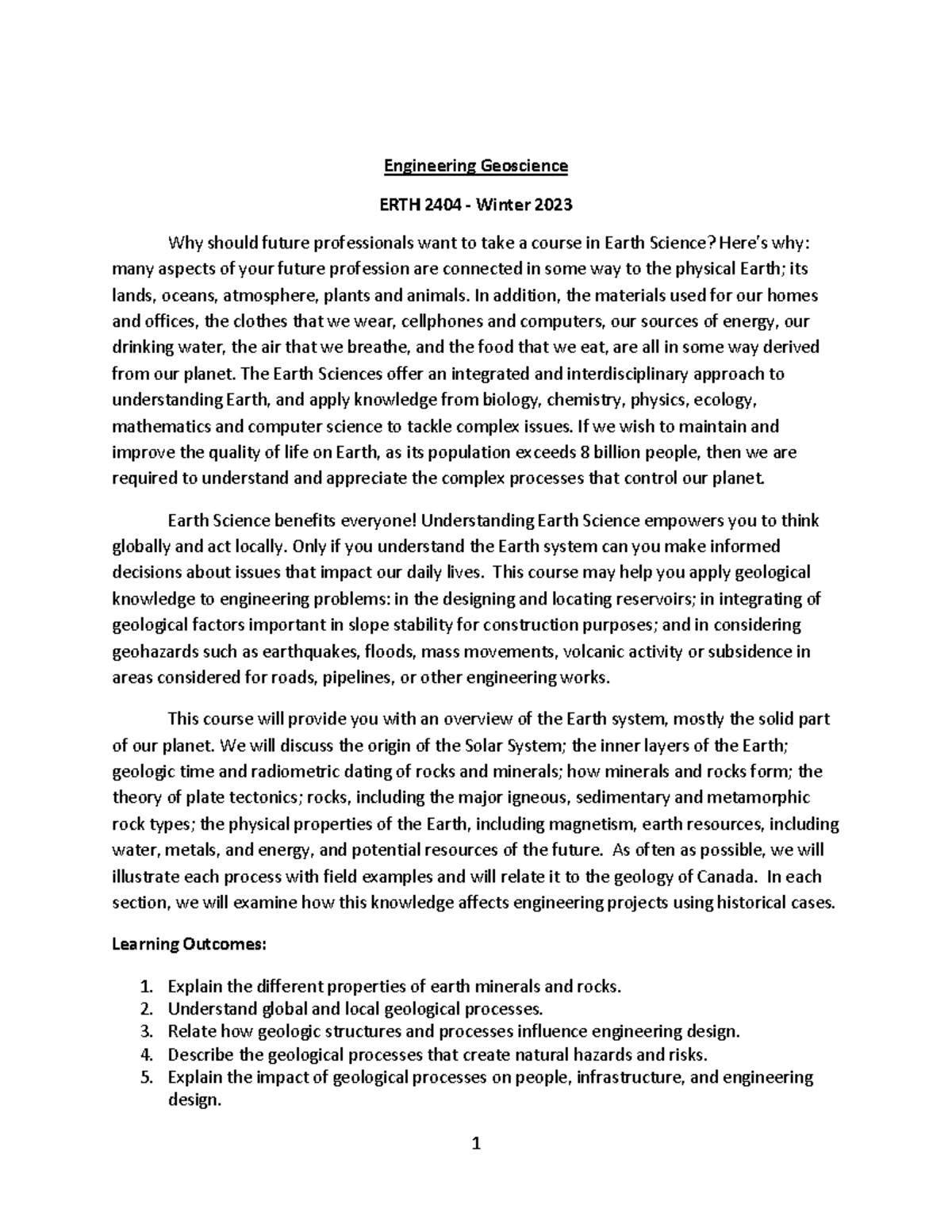 ERTH2404 Course Outline-Winter 2023 - Engineering Geoscience ERTH 2404 ...