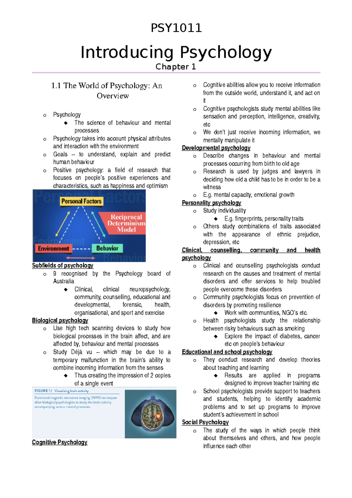 PSY1011 Notes (1-6) - Introducing Psychology Chapter 1 1 World Of ...