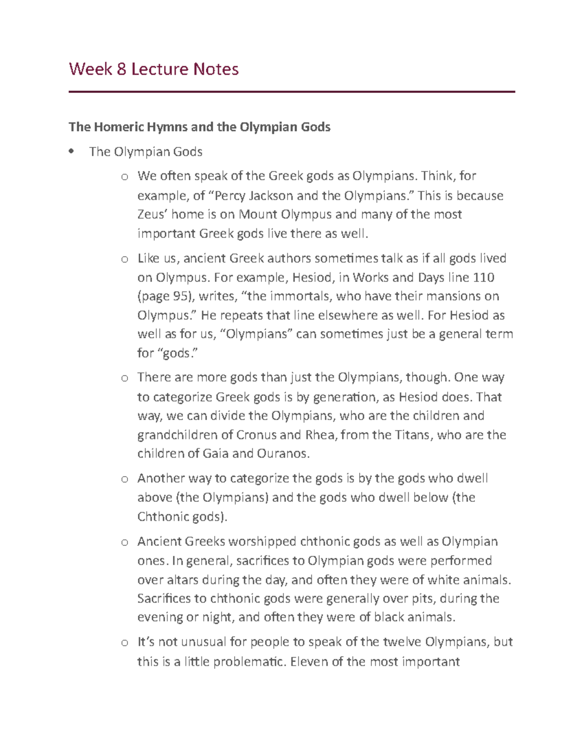Week 8 Lecture Notes - Week 8 Lecture Notes The Homeric Hymns and the ...