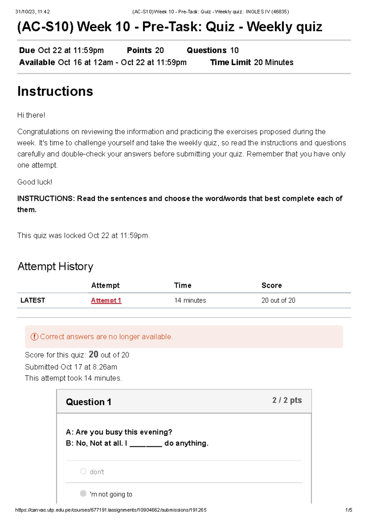 (AC-S10) Week 10 - Pre-Task Quiz - Weekly quiz - Attempt History ...