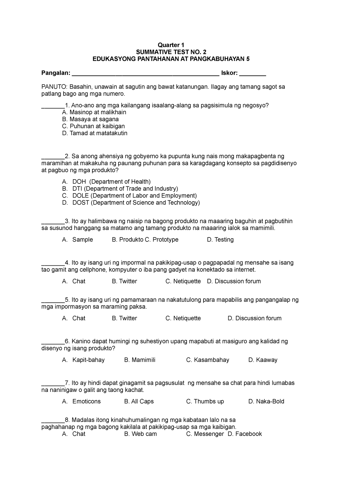 Q1 Epp Sum2 Aaa Quarter 1 Summative Test No 2 Edukasyong Pantahanan At Pangkabuhayan 5 6443