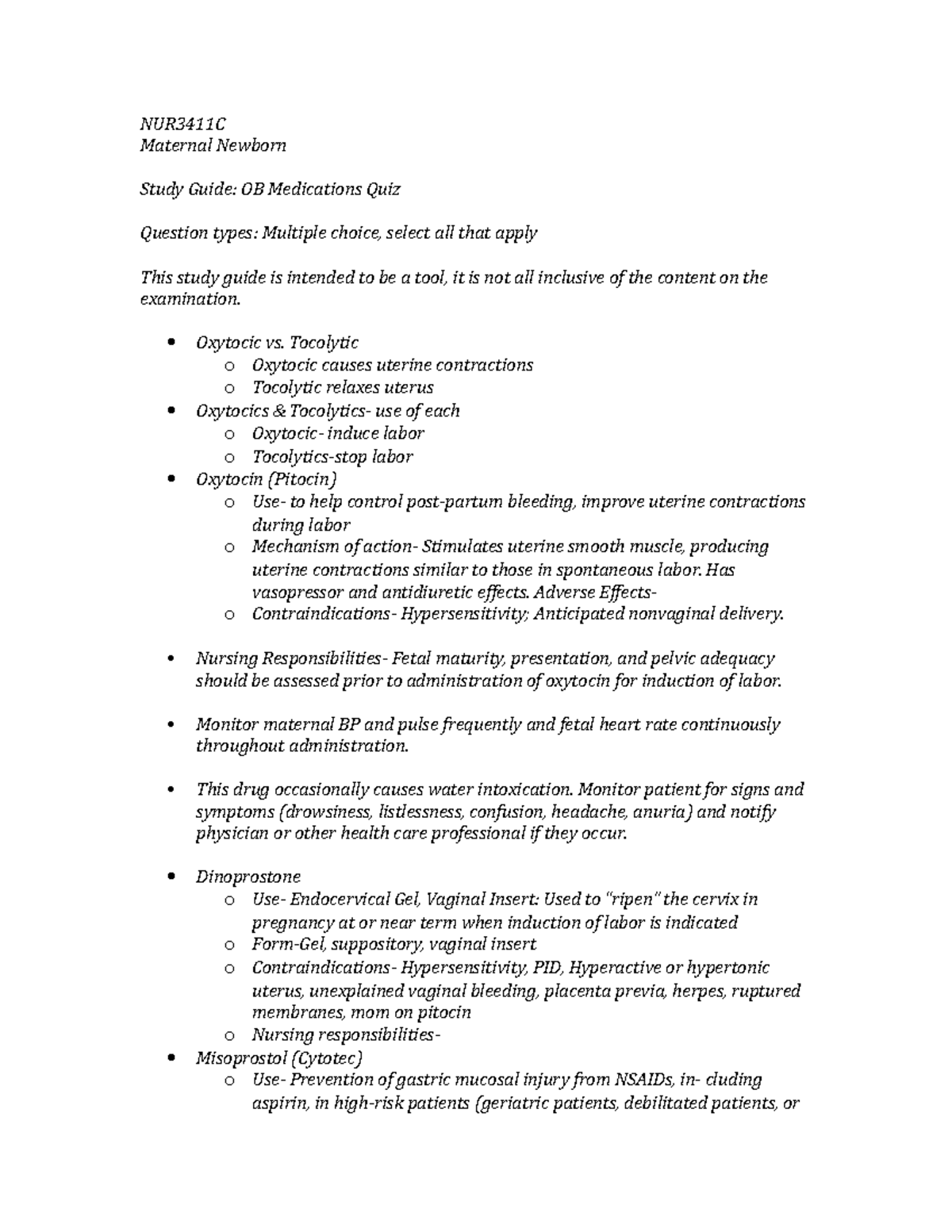 OB Med Quiz Study Guide(1)(1) - NUR3411C Maternal Newborn Study Guide ...