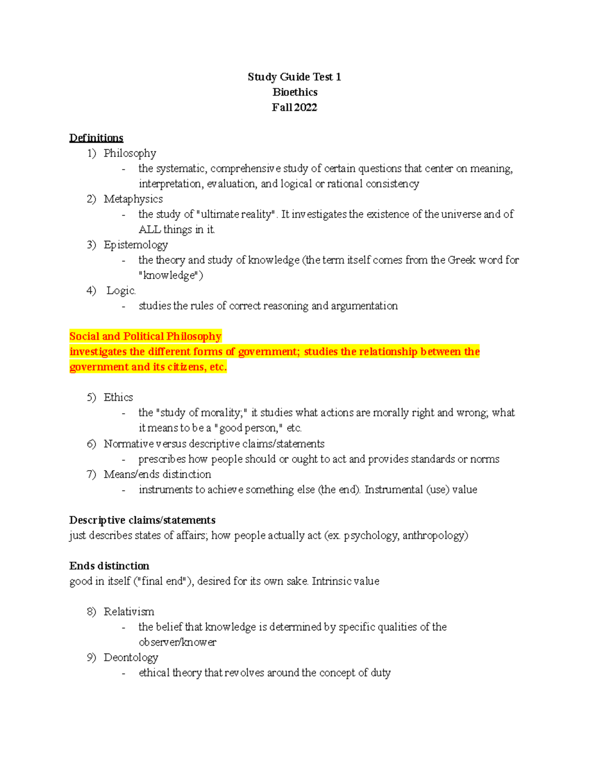 Study Guide Test 1 Bioethics - Study Guide Test 1 Bioethics Fall 2022 ...