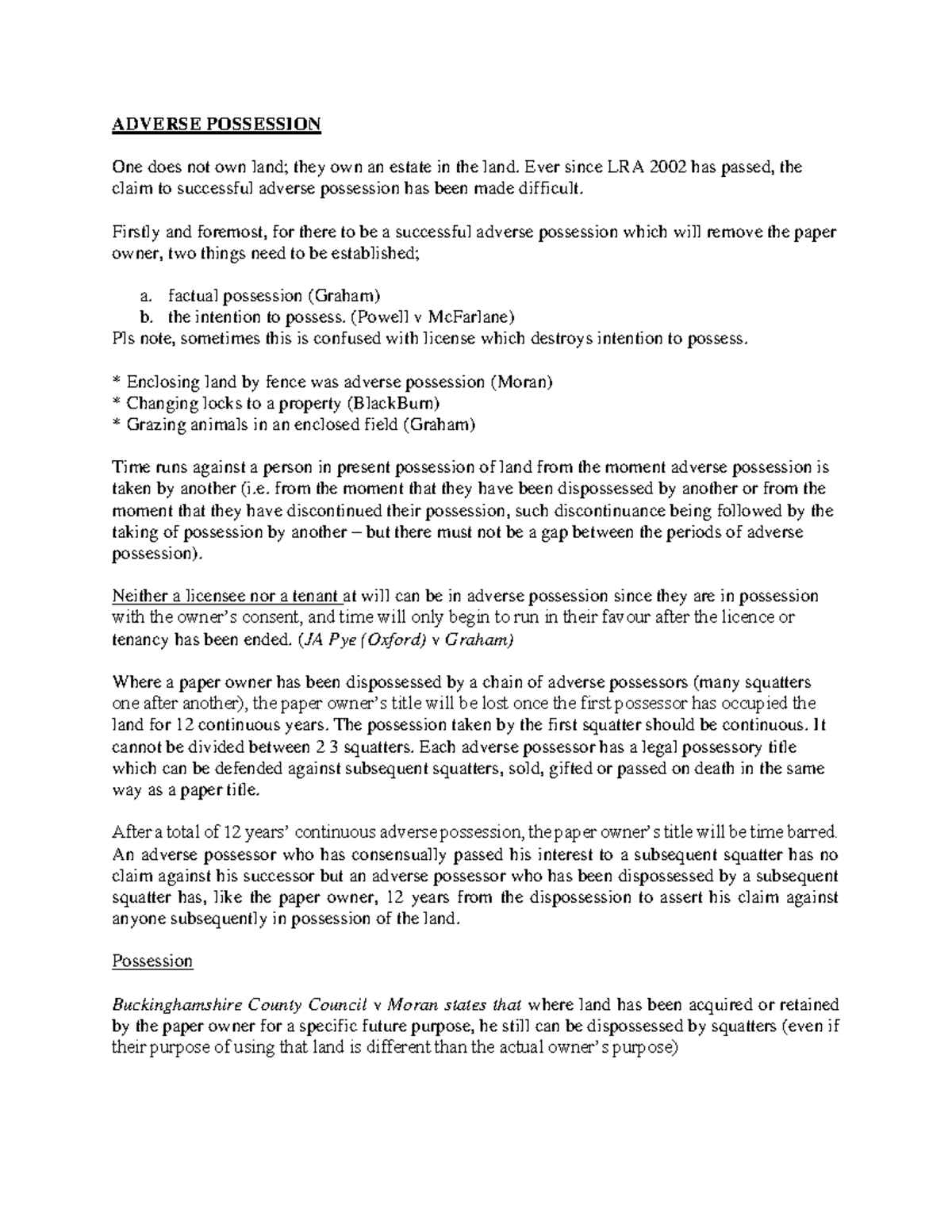 Adverse Possession lecture notes in detail ADVERSE POSSESSION One