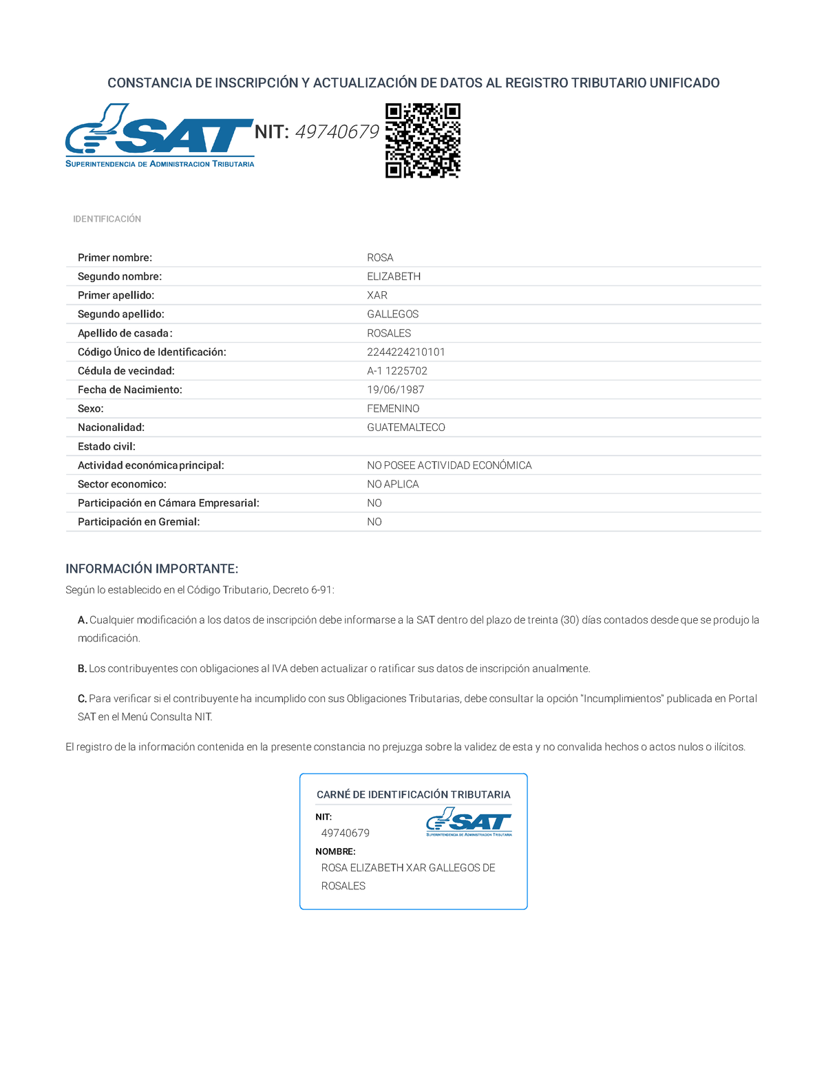 Portal SAT Constancia de RTU Digital - Guatemala - NIT: 49740679 Primer