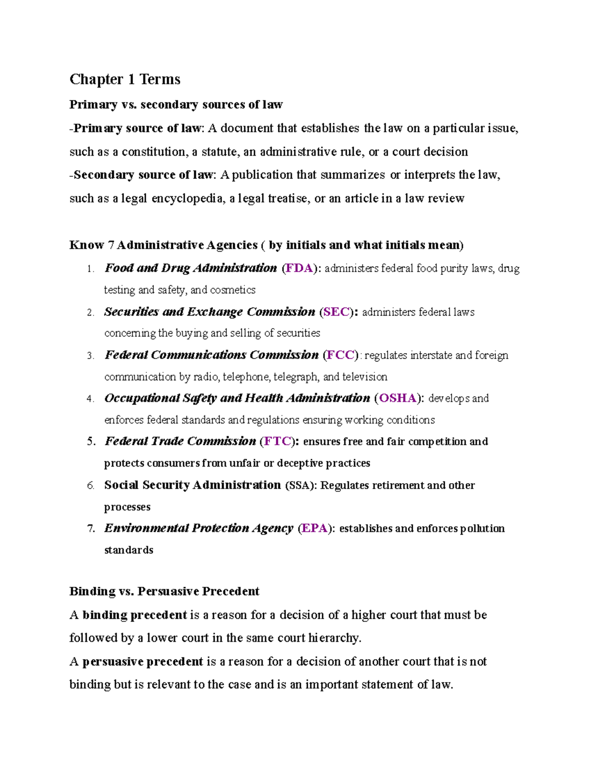 LAW test Terms Outline Chapter 1 Terms Primary vs. secondary sources