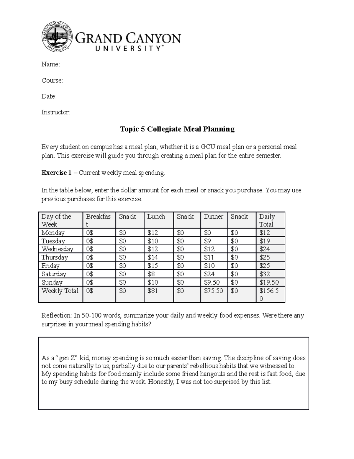 UNV103 T6 Meal Planning Name Course Date Instructor Topic 5 Collegiate Meal Planning Every