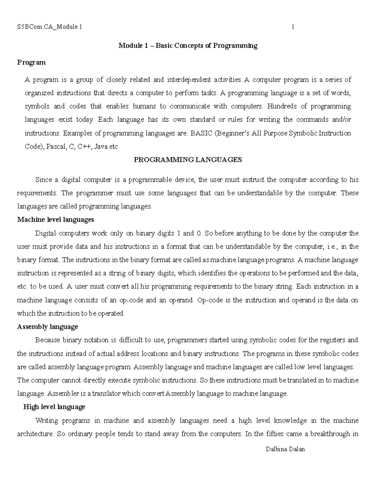 Unit 1 C Programming Notes Module 1 Basic Concepts Of Programming 