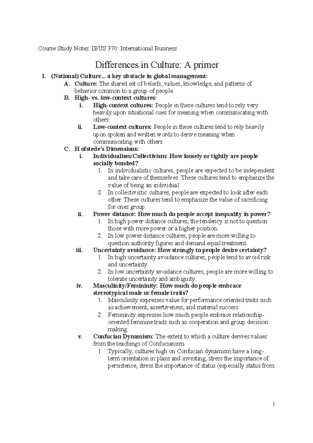 IBUS370-Differences in culture-Notes - 1 Course Study Notes: IBUS 370 ...